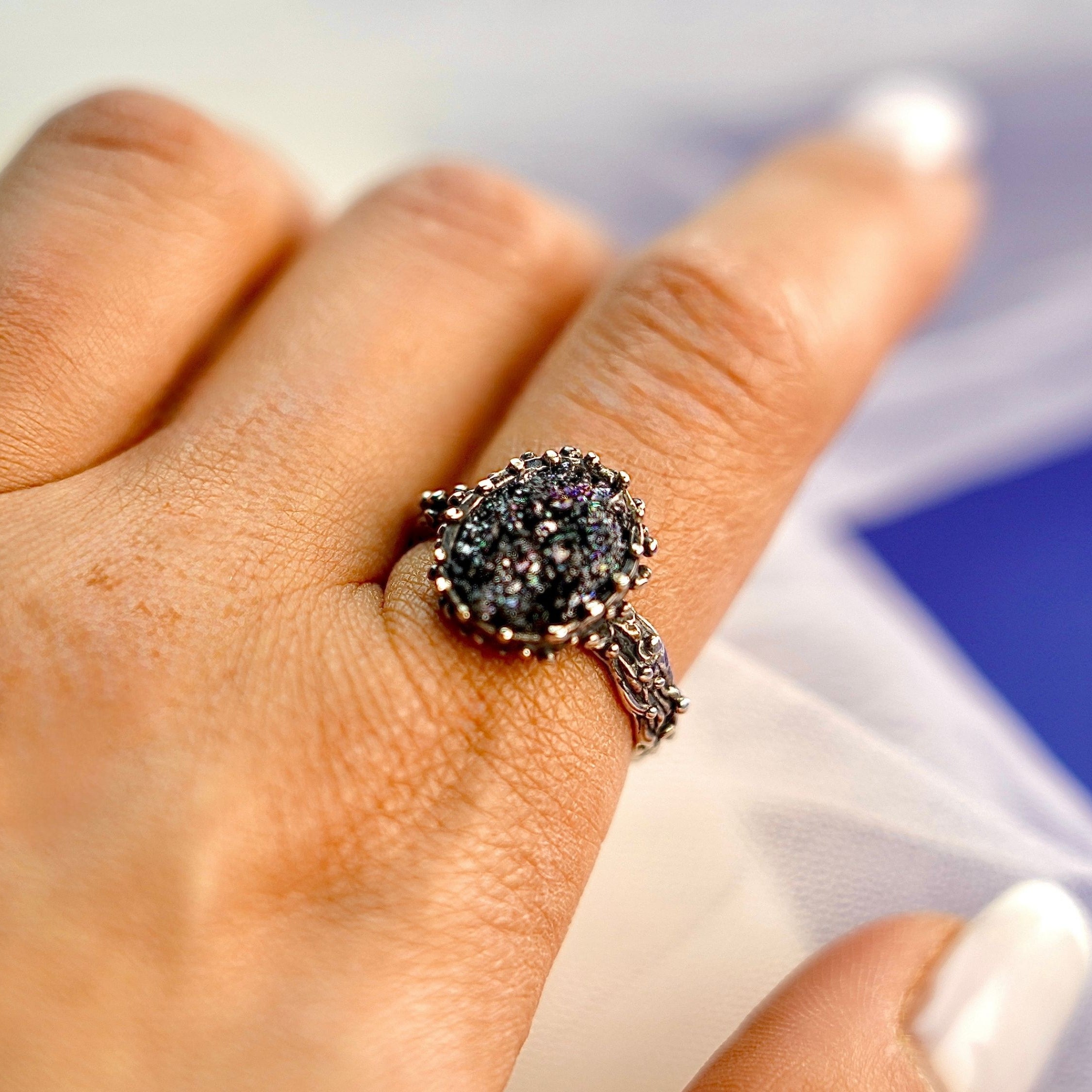Black tourmaline adjustable ring on hand size reference raw crystal silver ring gothic style