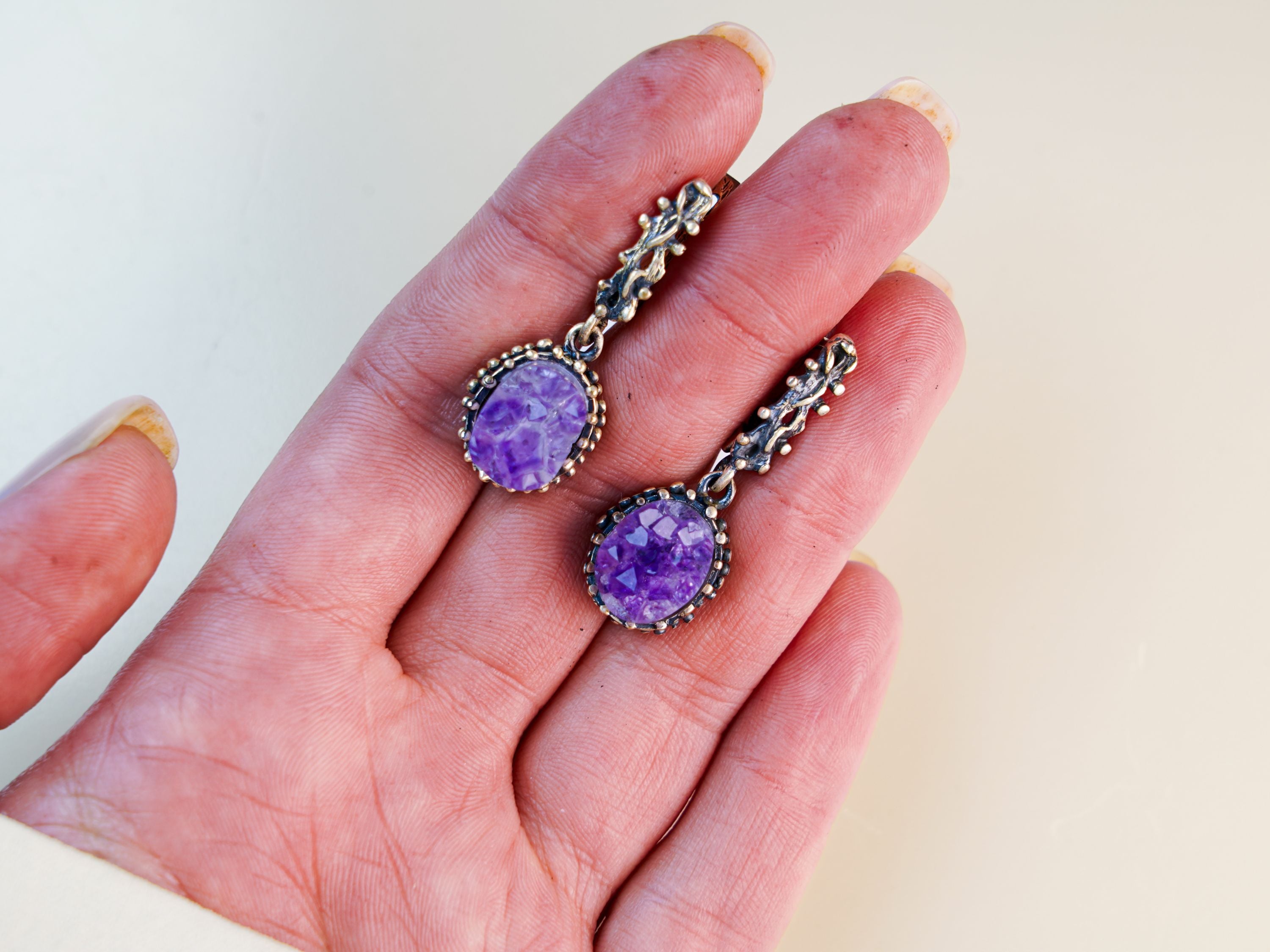 amethyst earrings on hand purple gemstone silver drop earrings