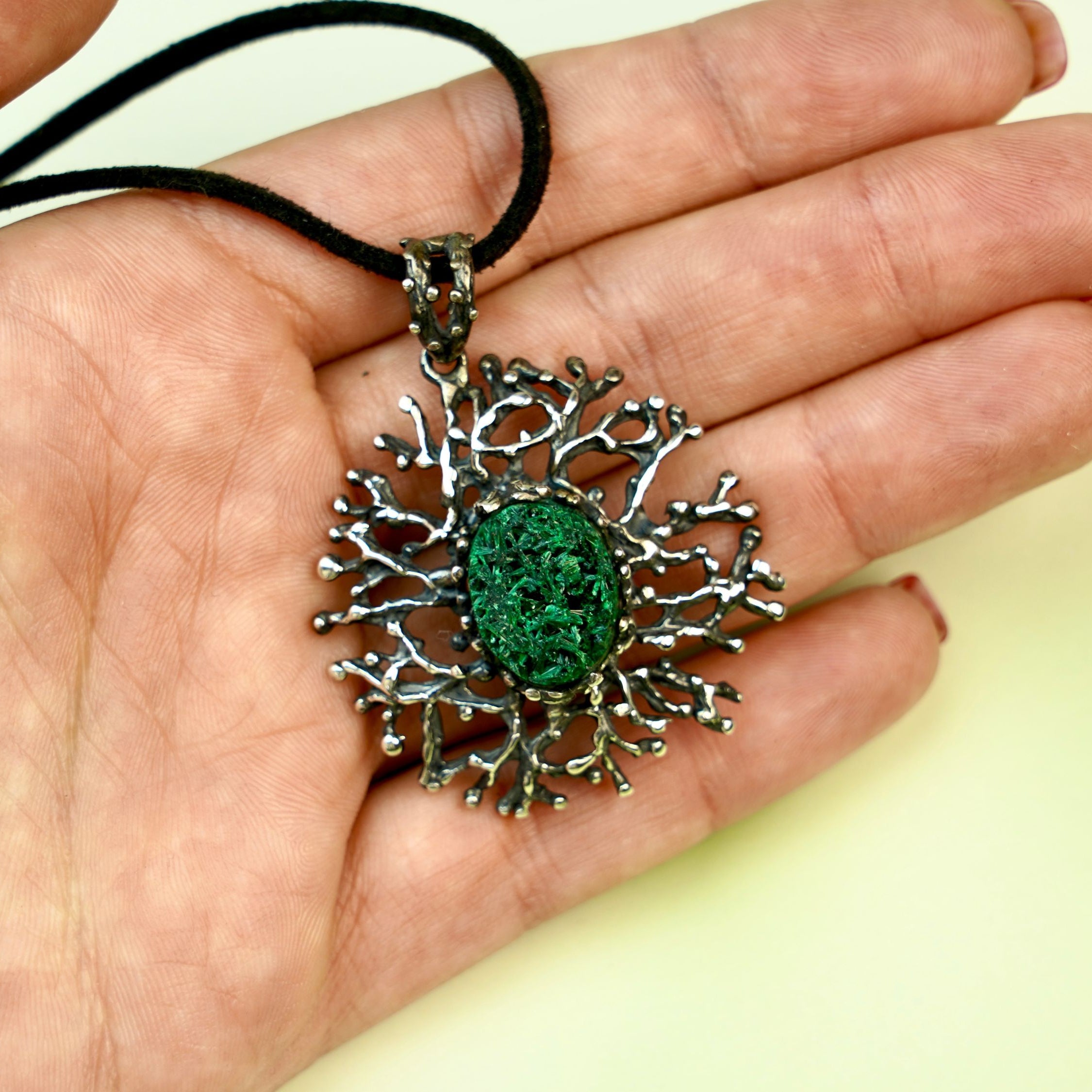 Malachite necklace on hand size reference green gemstone silver pendant natural jewelry