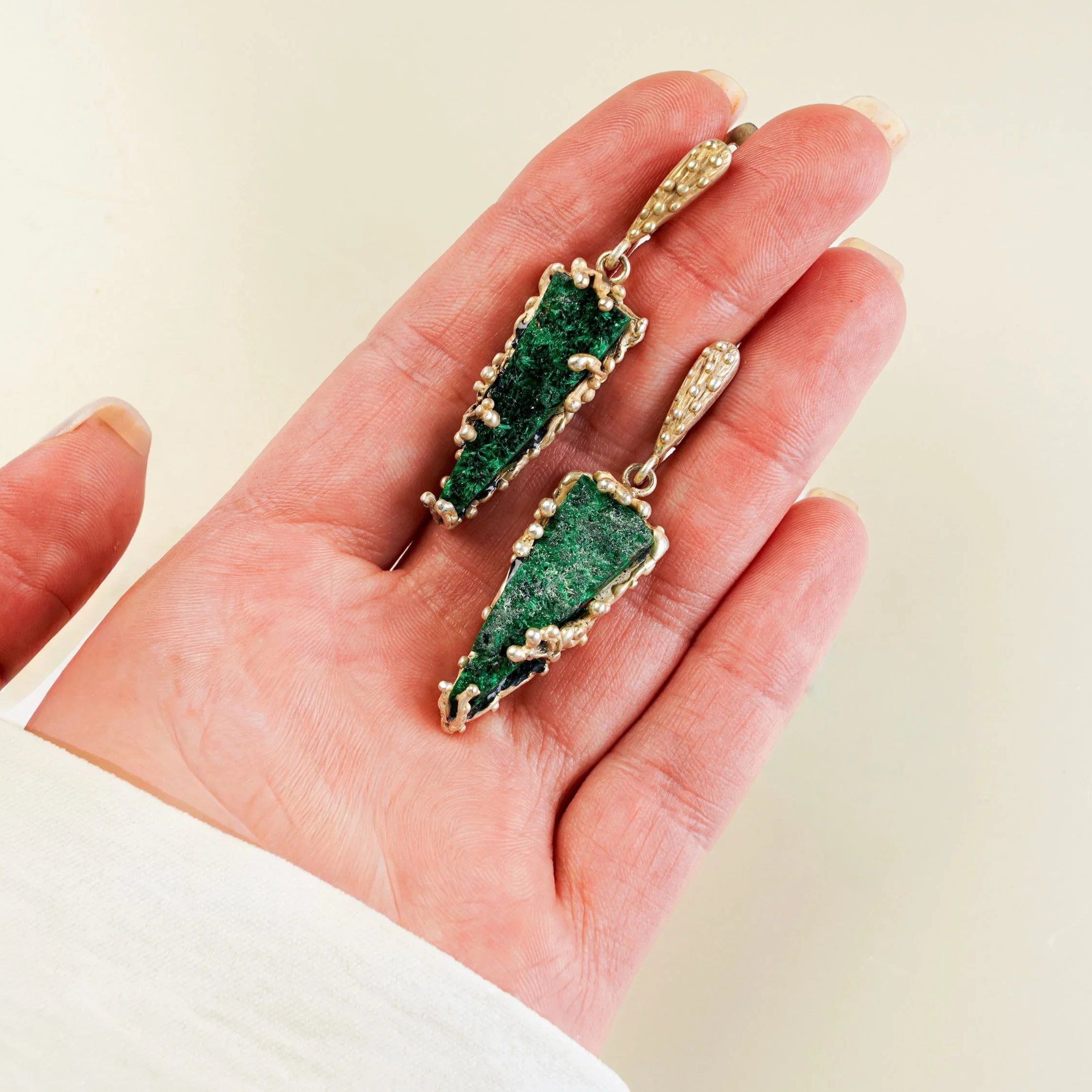 Malachite earrings on hand size reference green gemstone silver jewelry