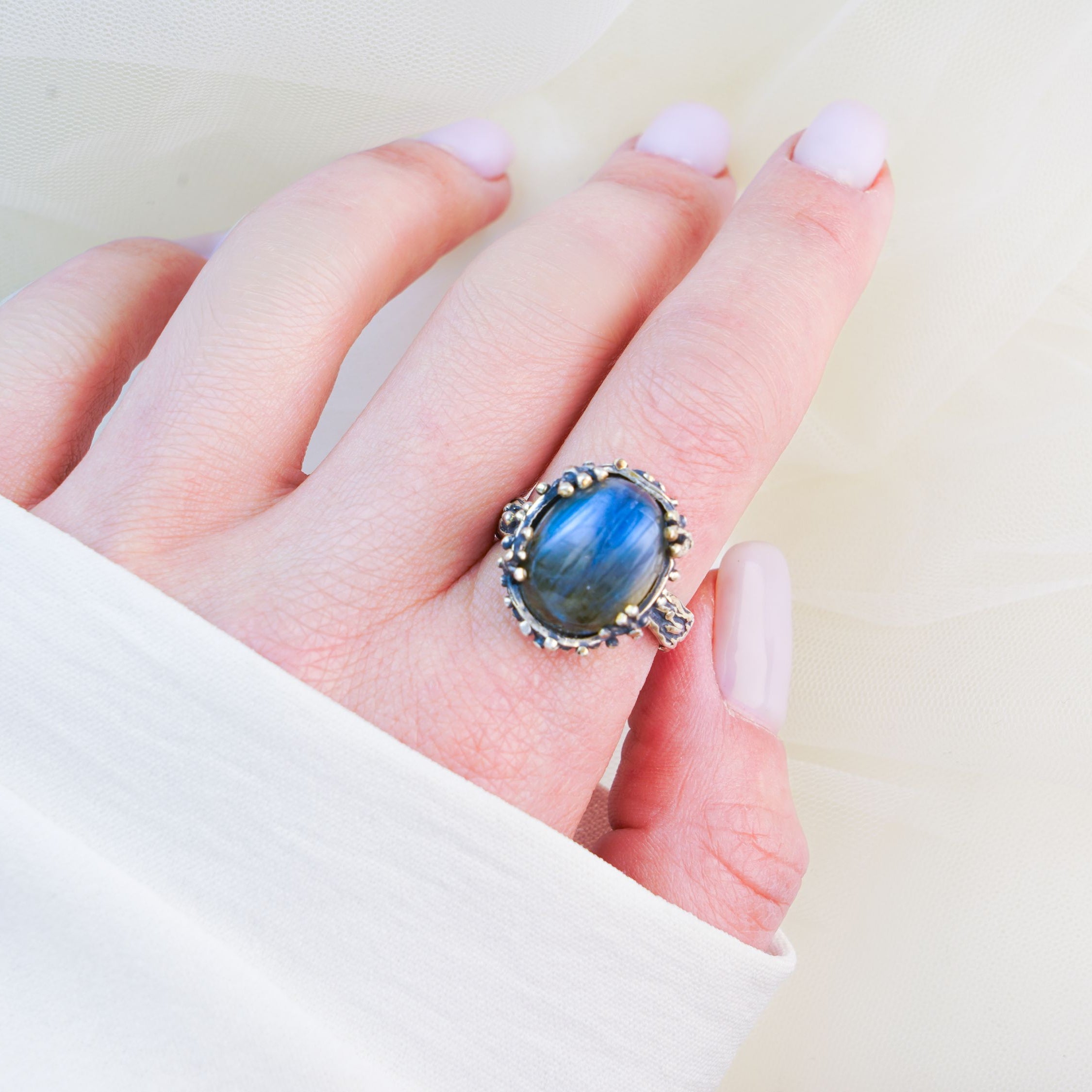 labradorite ring on hand blue flash sterling silver gemstone ring