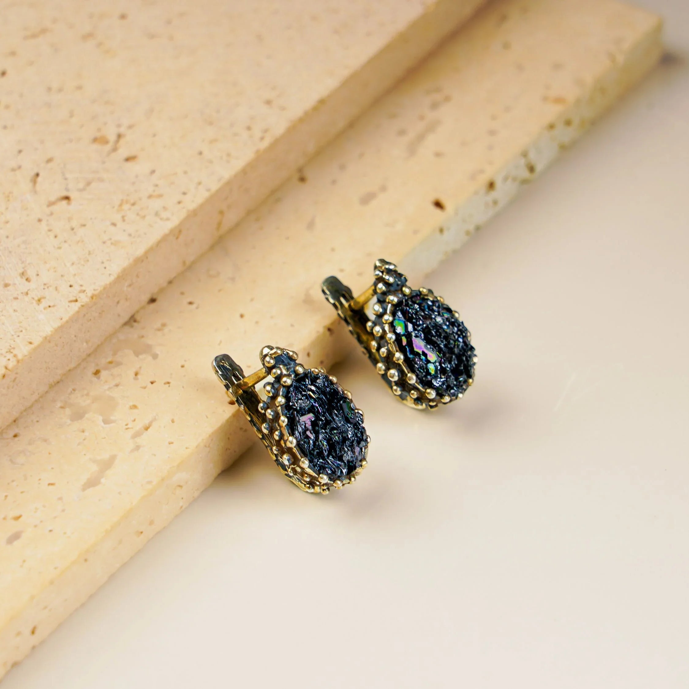 Black moissanite earrings top view sterling silver leverback dark gemstone
