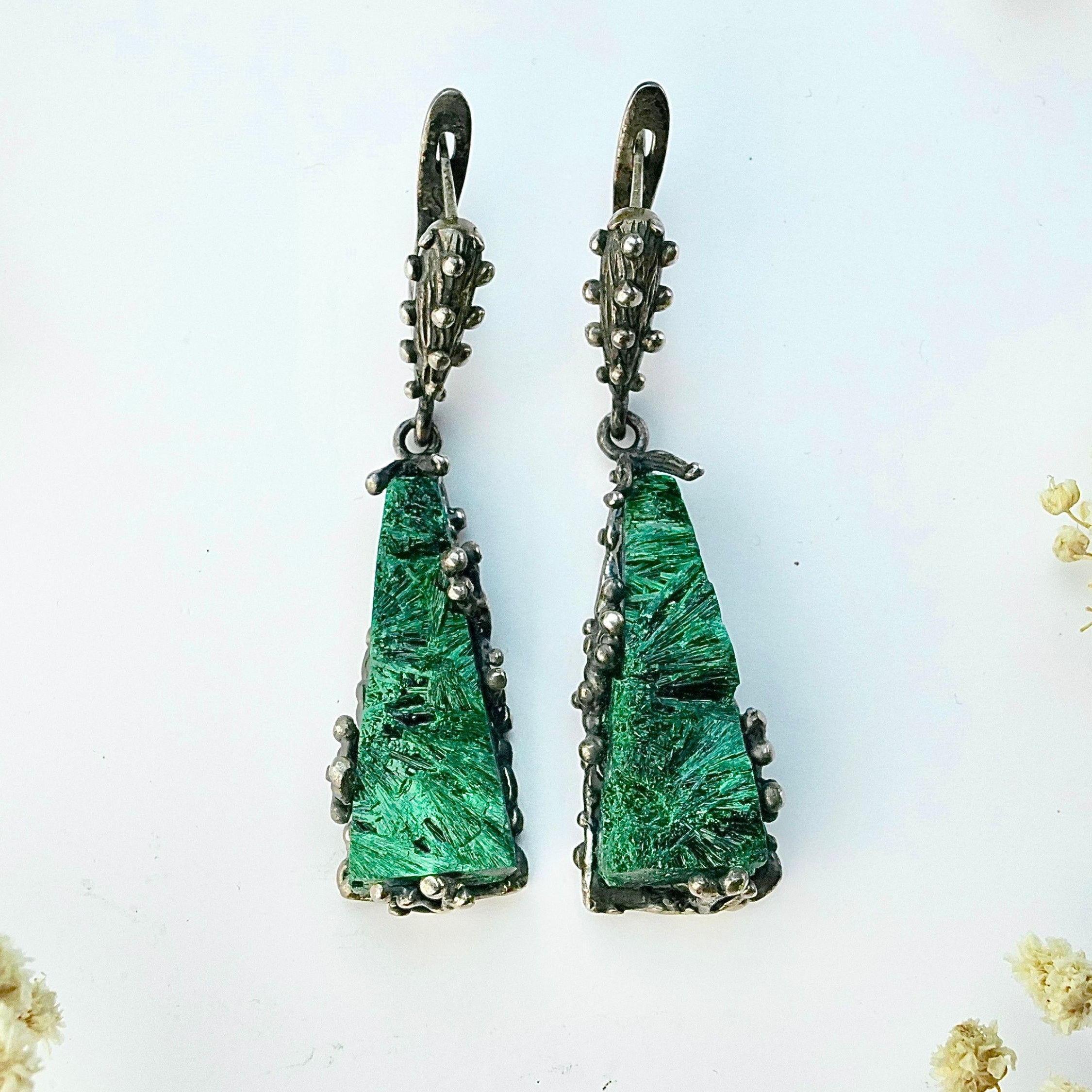 raw malachite texture close up green stone drop earrings sterling silver