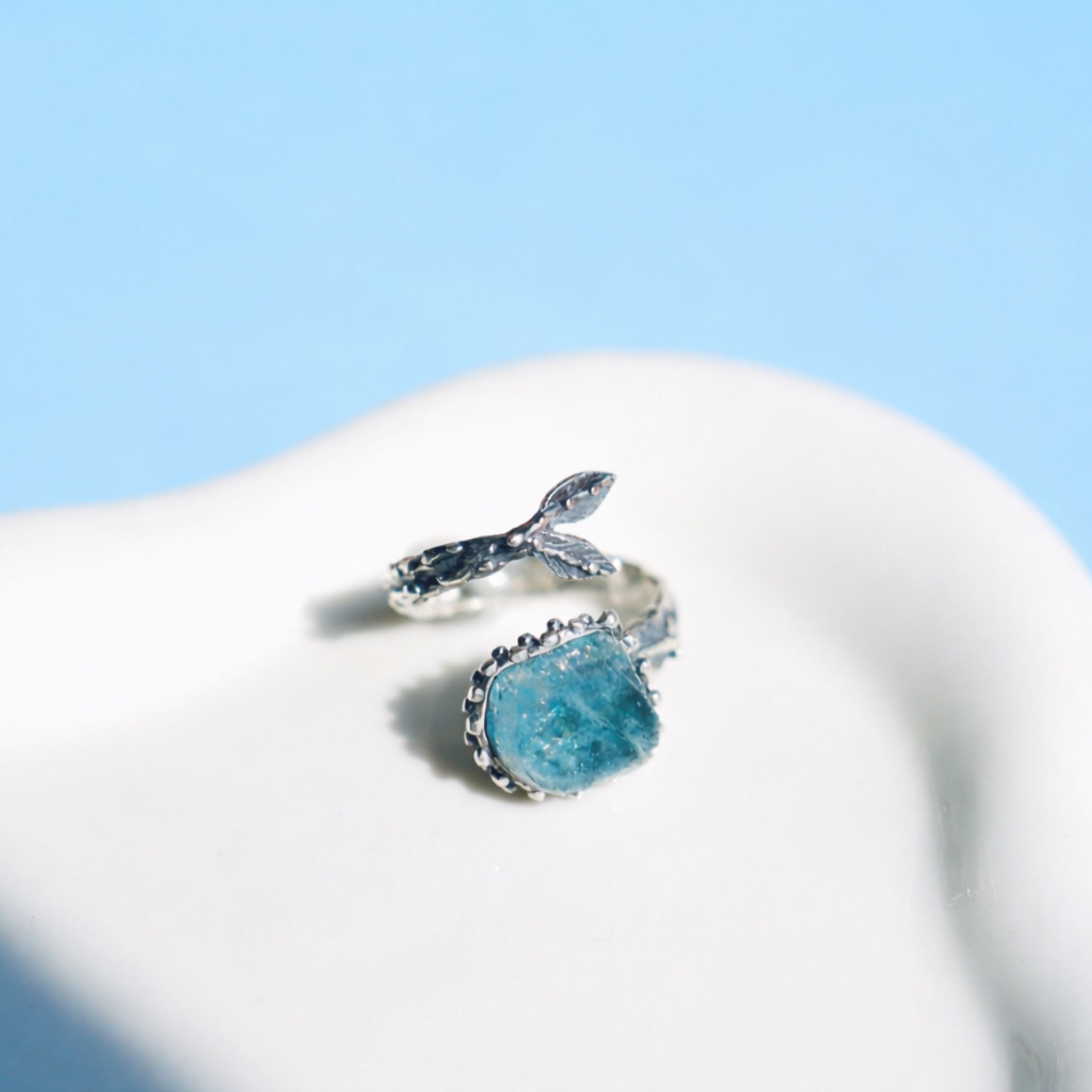 Close up aquamarine stone texture blue crystal detail adjustable sterling silver ring