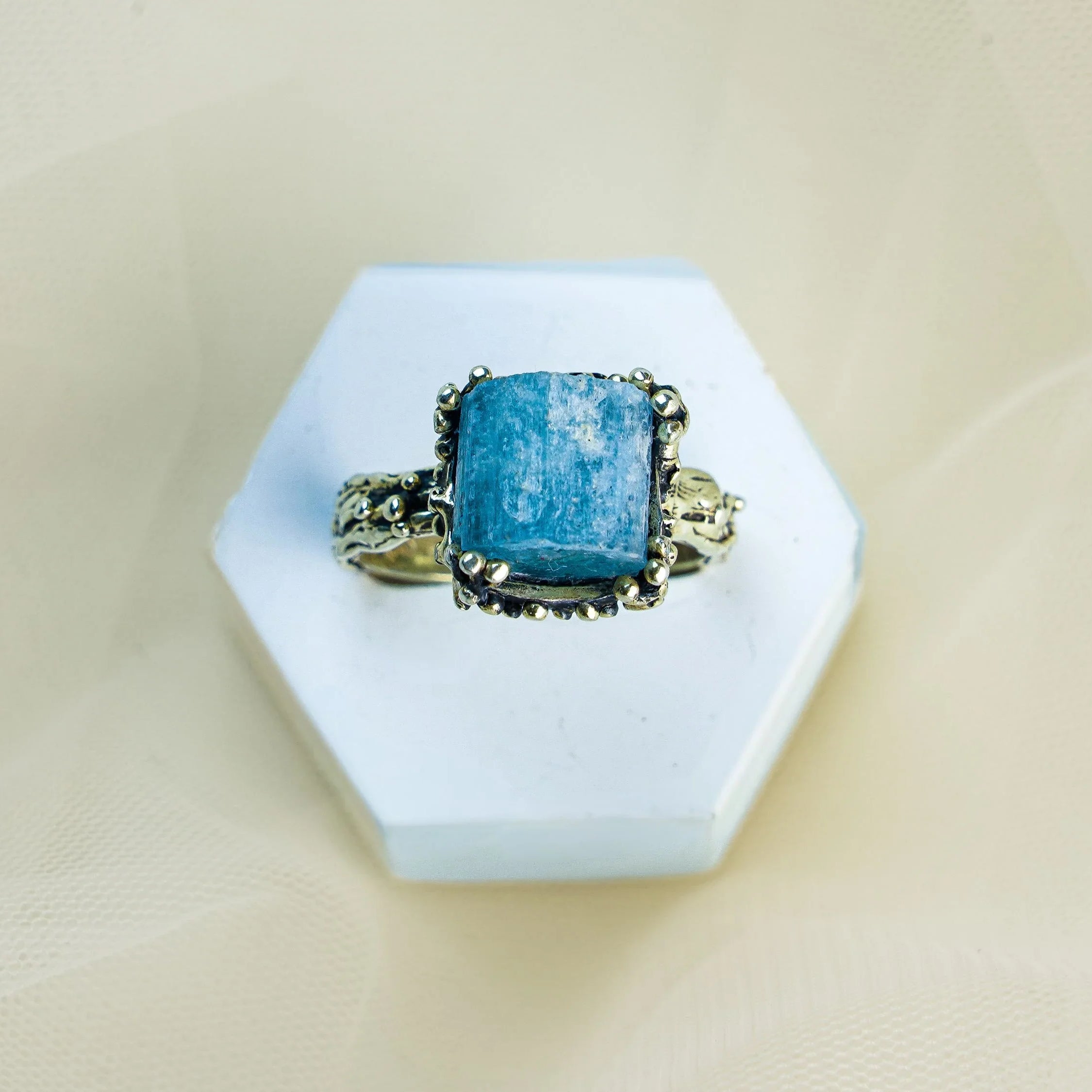 Aquamarine ring top view blue gemstone sterling silver adjustable design