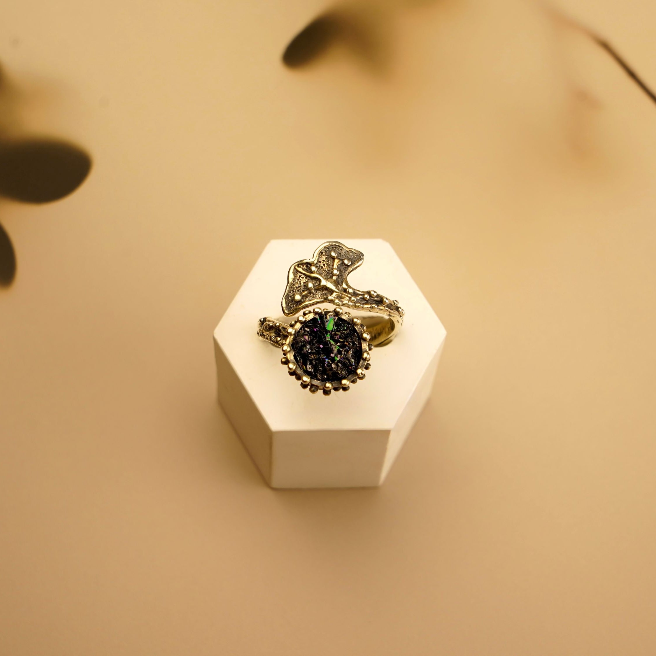Close up black tourmaline stone texture raw crystal detail sterling silver ring