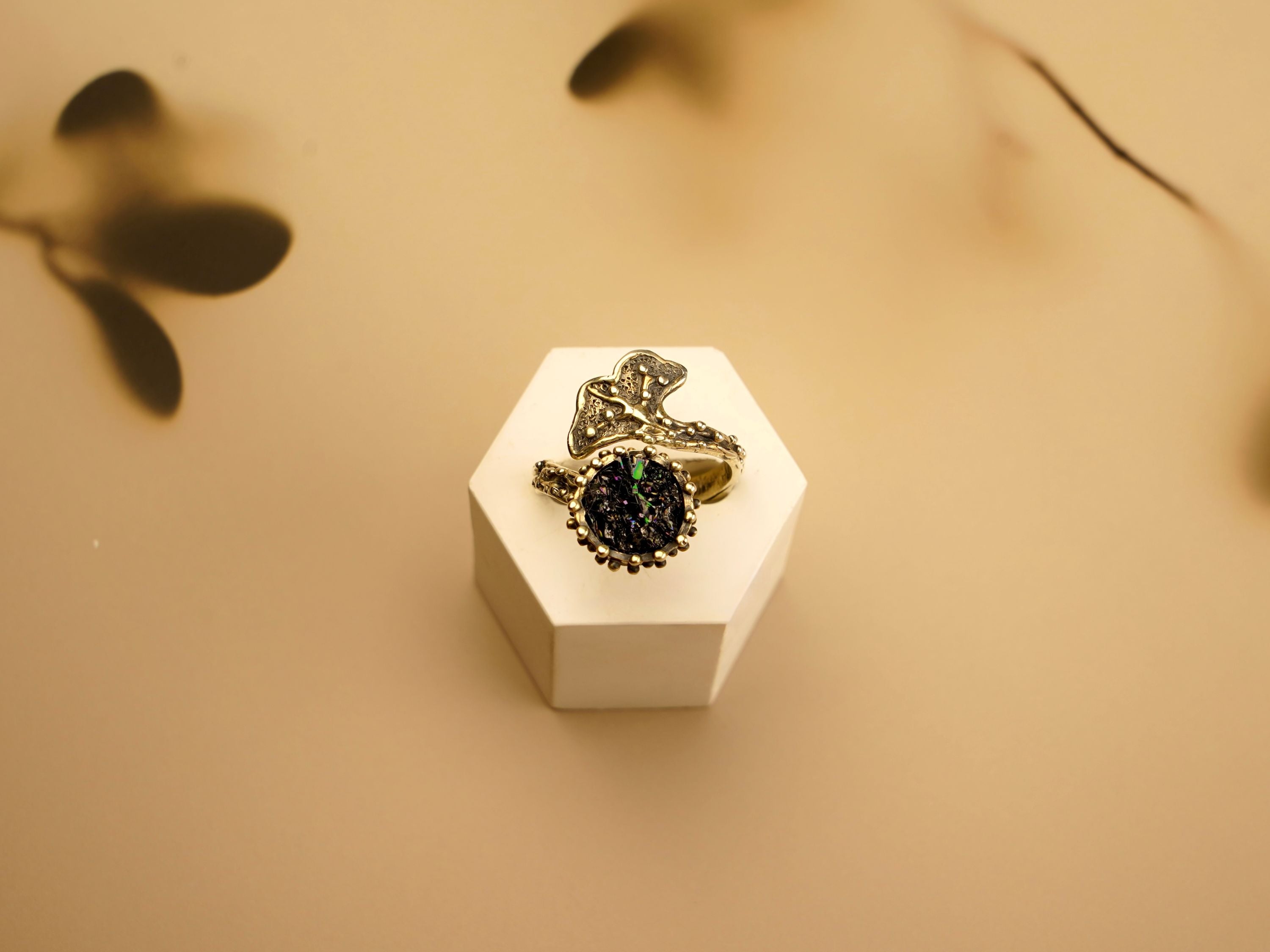 Close up black tourmaline stone texture raw crystal detail sterling silver ring