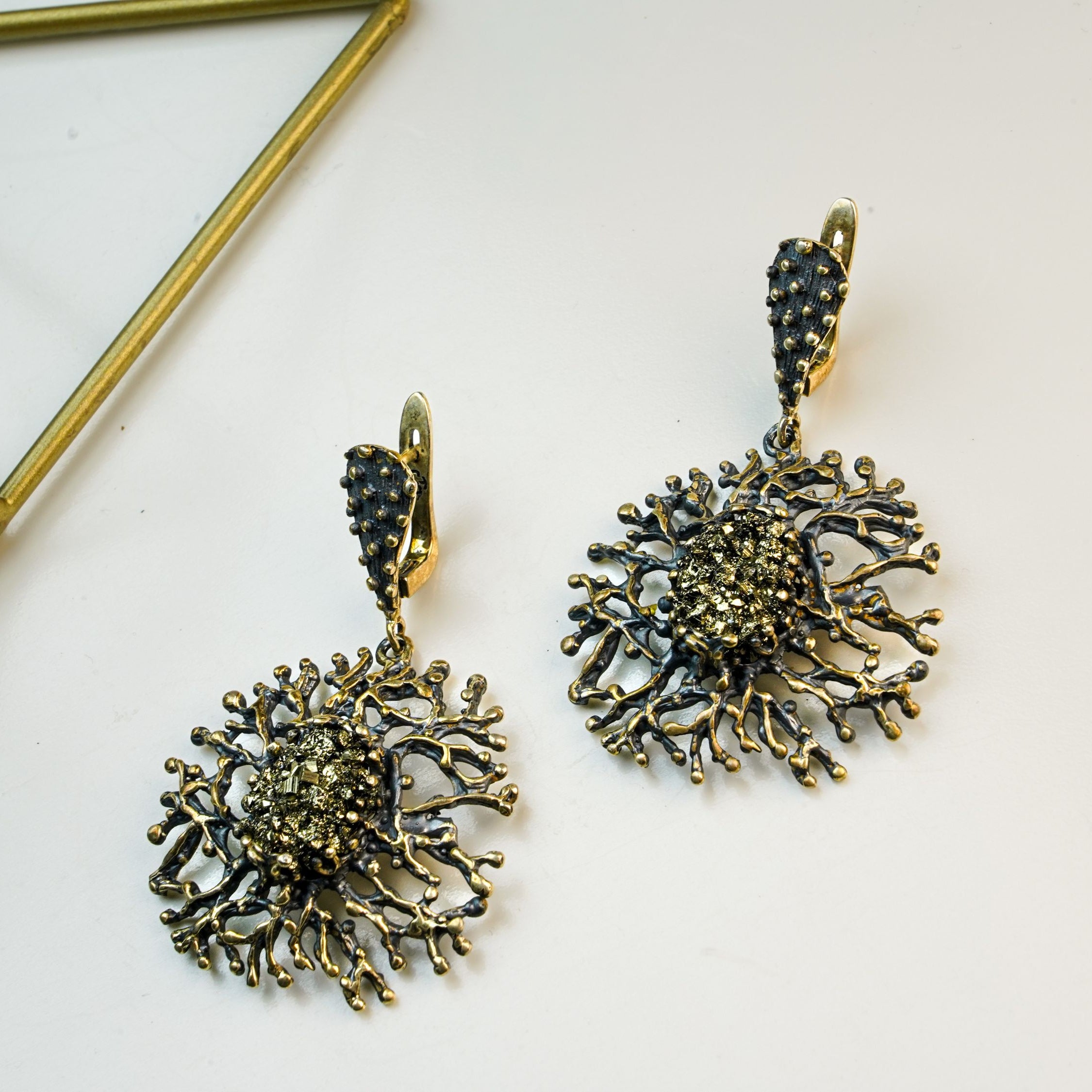 pyrite earrings metallic gold shine natural stone statement jewelry