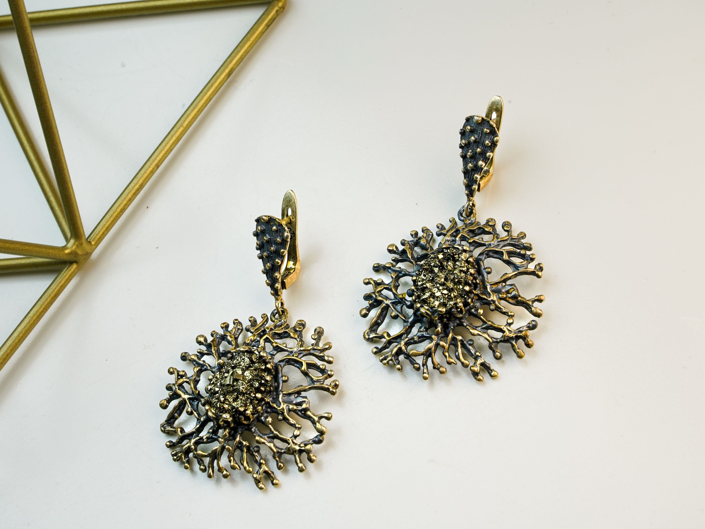 pyrite earrings metallic gold shine natural stone statement jewelry