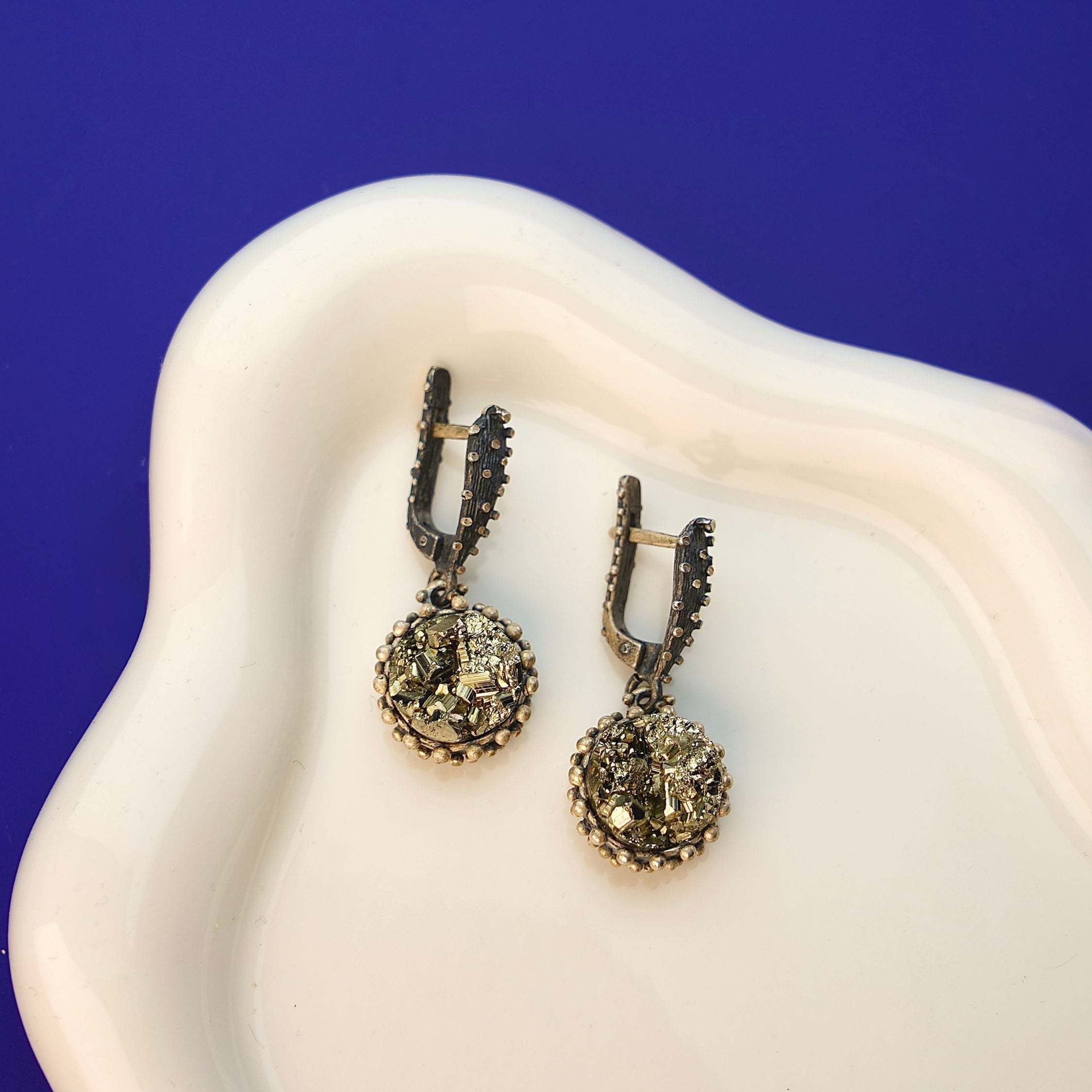 Pyrite earrings clean front view gold gemstone statement drop earrings