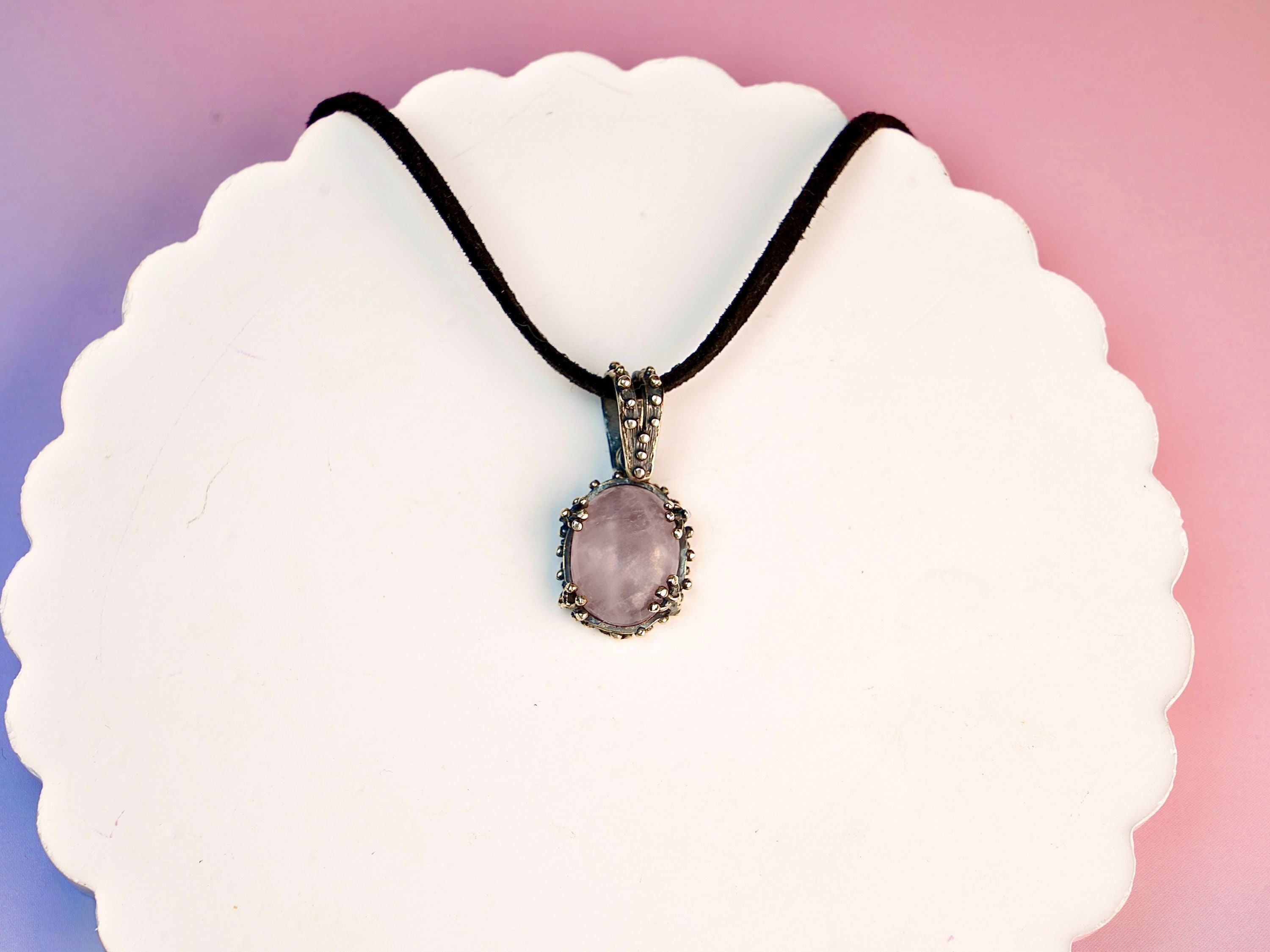 Rose quartz necklace clean background minimal pink gemstone pendant silver