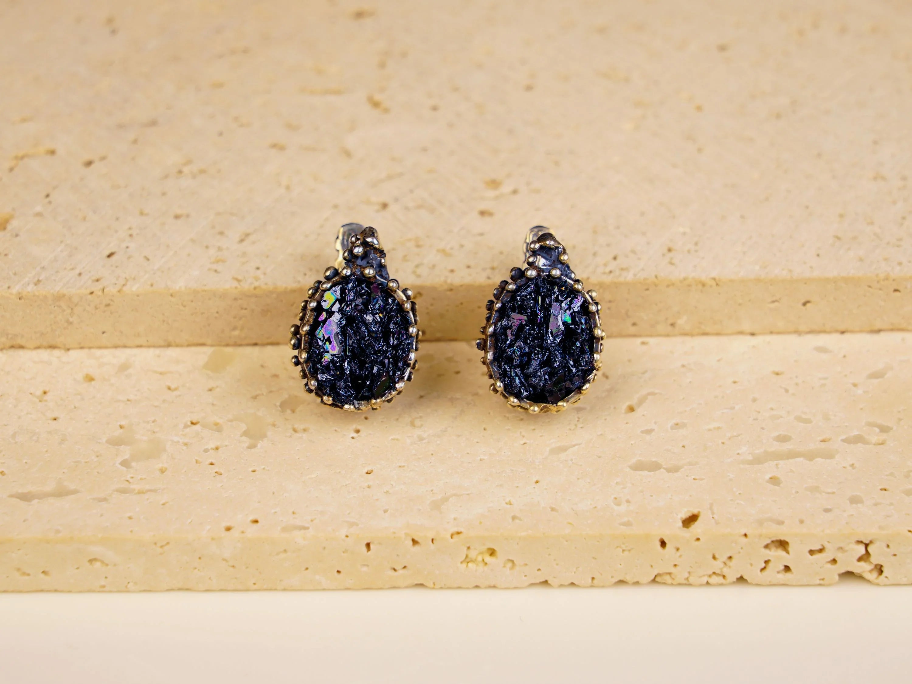 Black moissanite earrings front view dark sparkle sterling silver jewelry