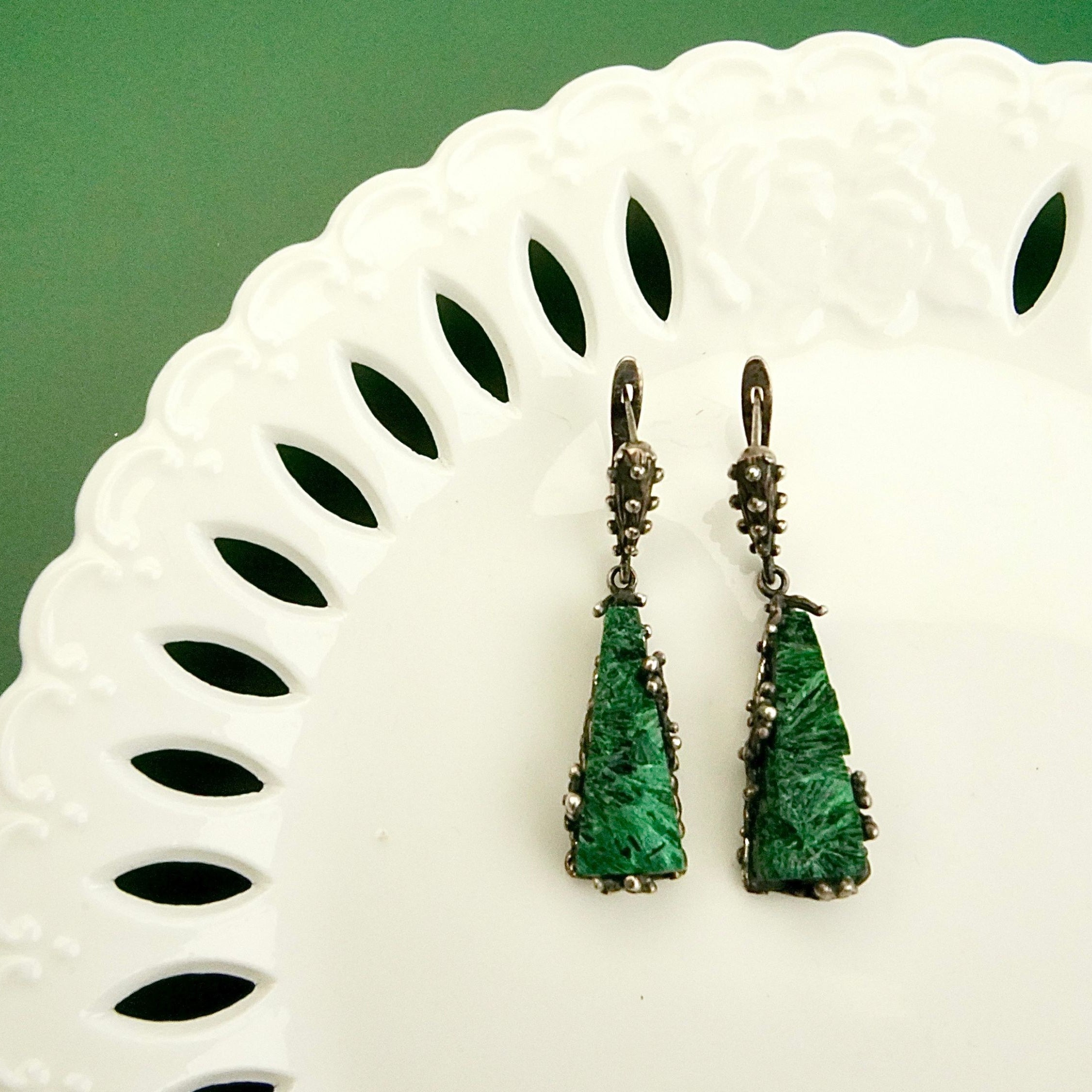 malachite drop earrings clean minimal background long green earrings