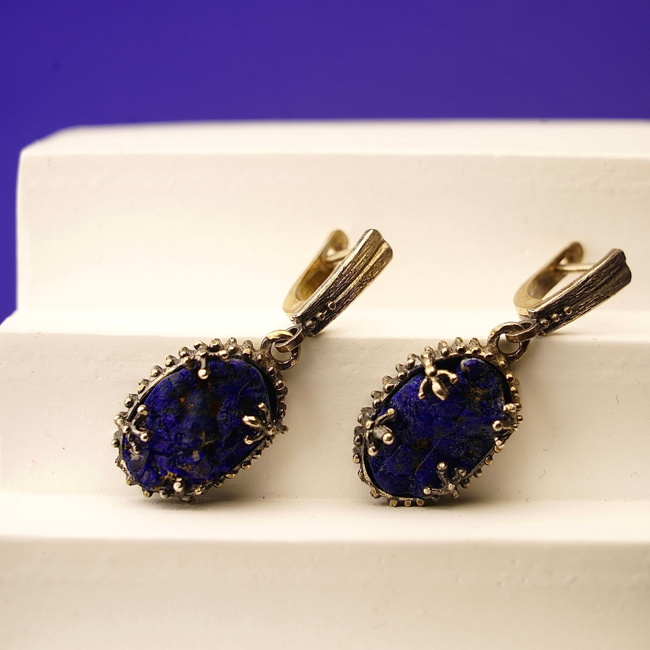 Lapis lazuli earrings clean front view deep blue gemstone drop earrings