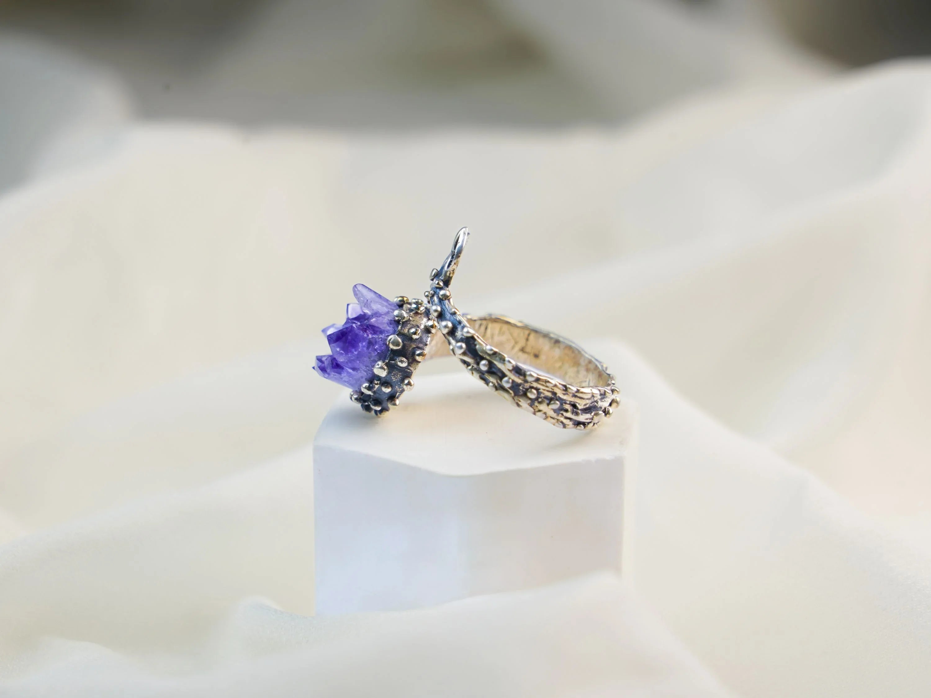 Amethyst ring side angle detail sterling silver handcrafted jewelry design