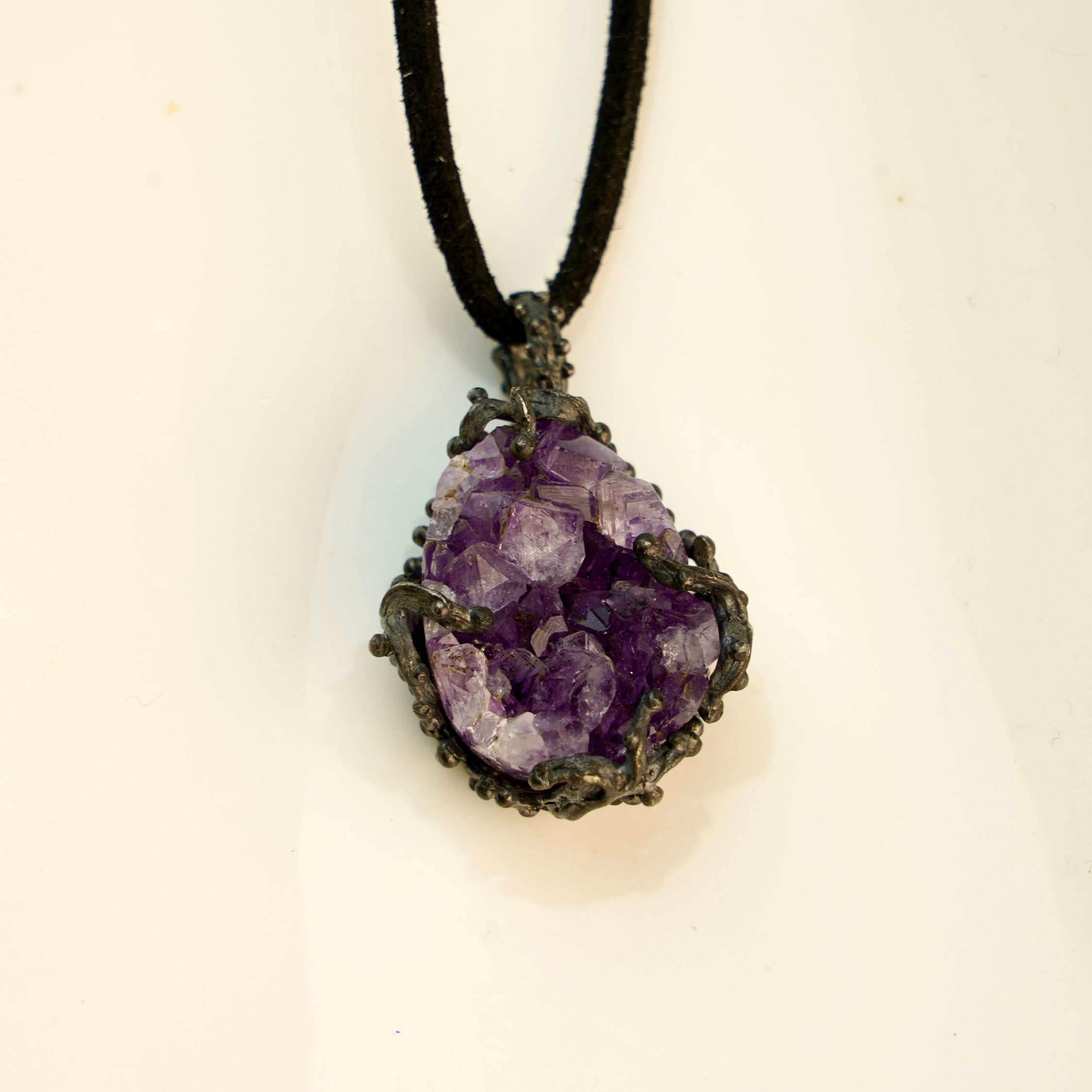 amethyst pendant necklace front view, raw crystal sterling silver design