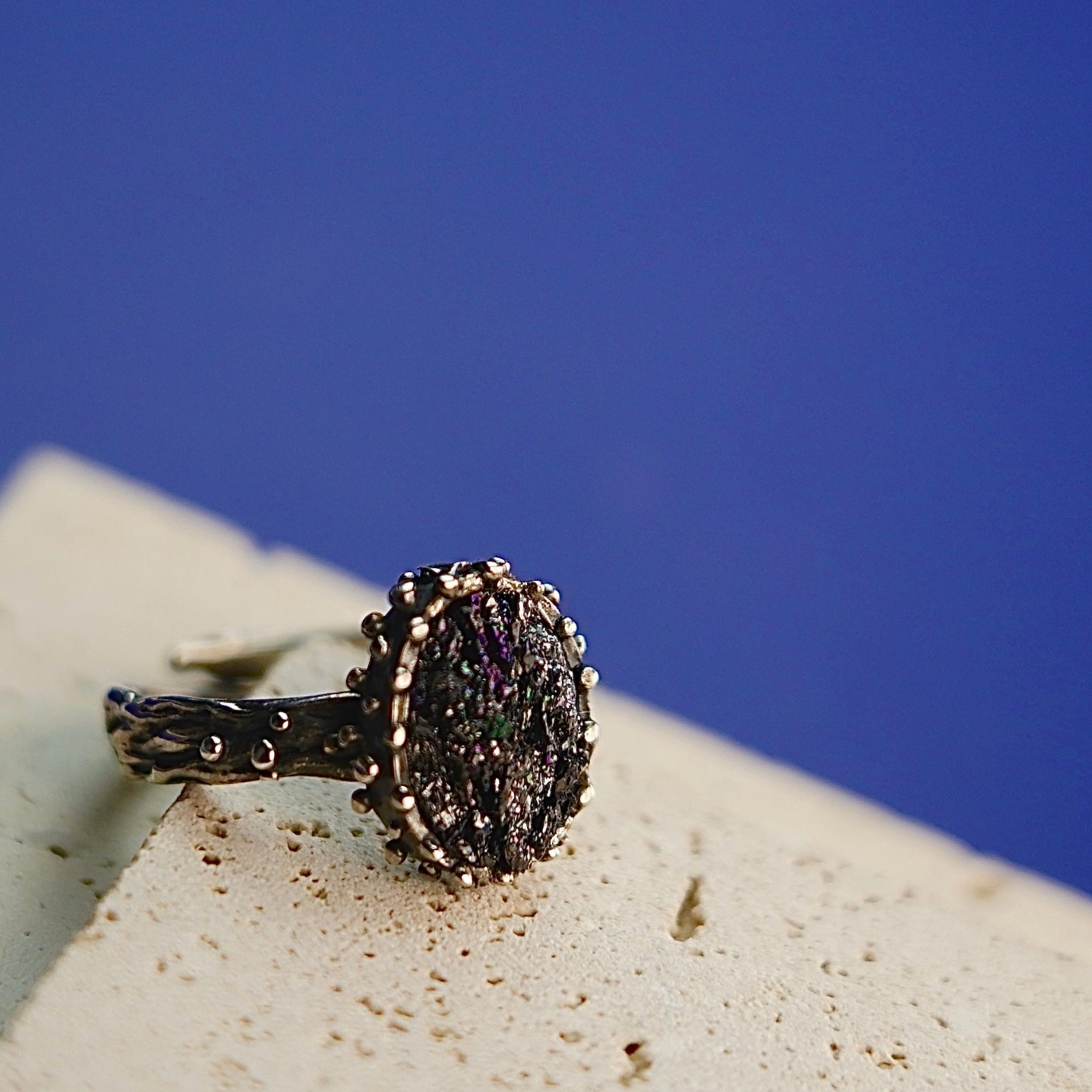 Clean front view raw tourmaline ring adjustable silver statement jewelry dark aesthetic