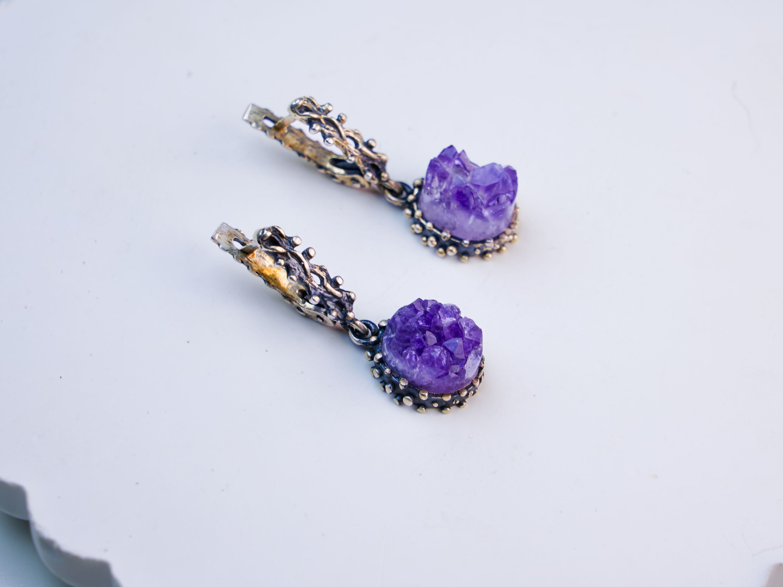 amethyst earrings purple crystal texture sterling silver jewelry