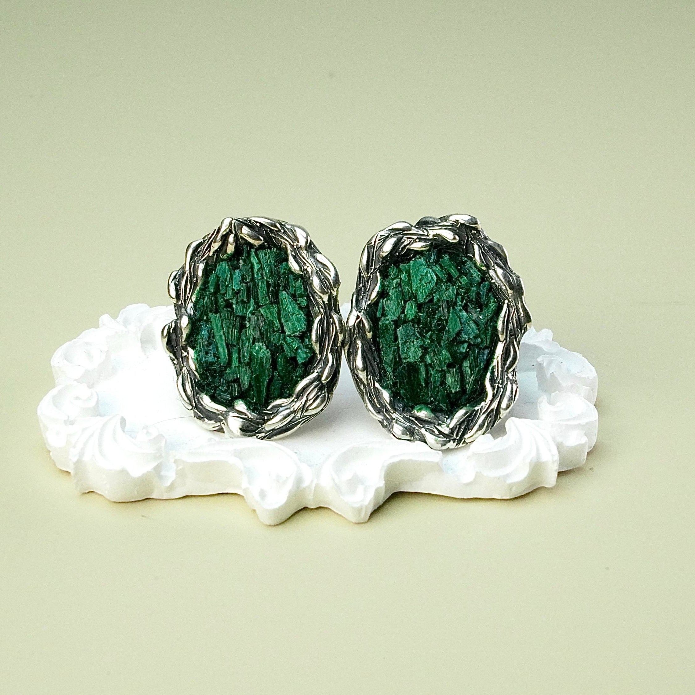 Malachite earrings clean front view green gemstone statement earrings