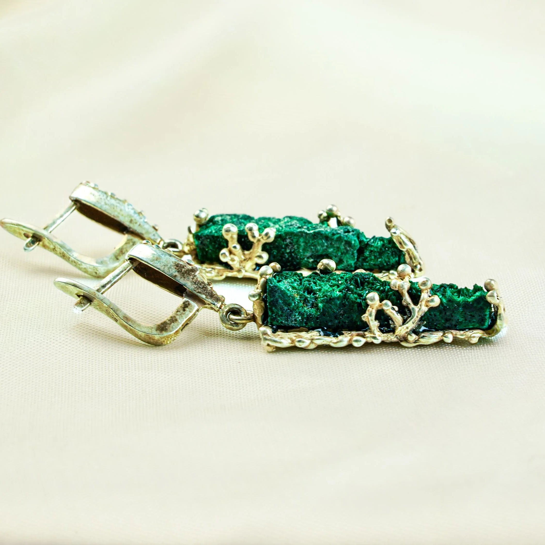 Malachite earrings side view raw stone texture sterling silver design