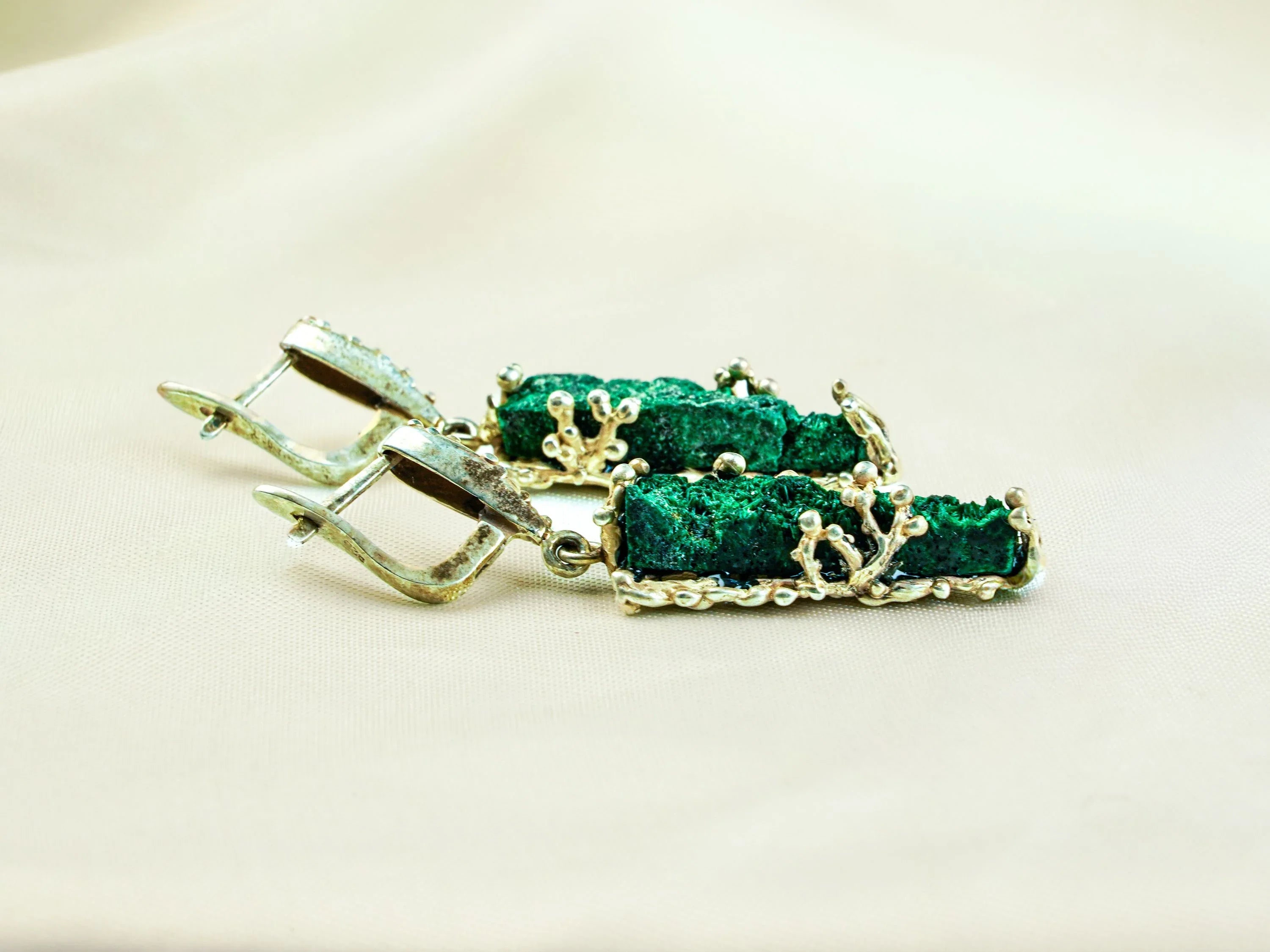 Malachite earrings side view raw stone texture sterling silver design