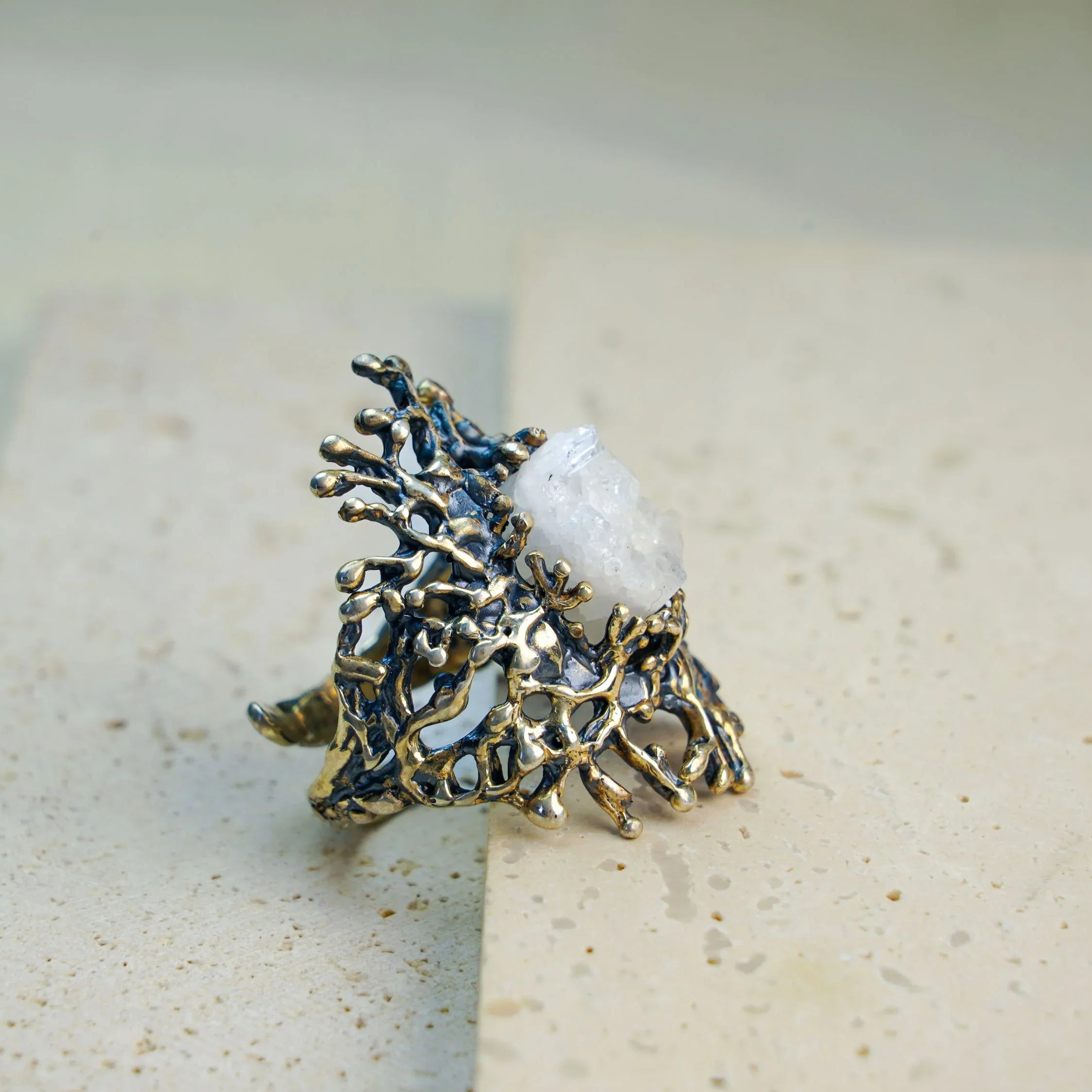 Moonstone ring detail view organic texture sterling silver handcrafted design