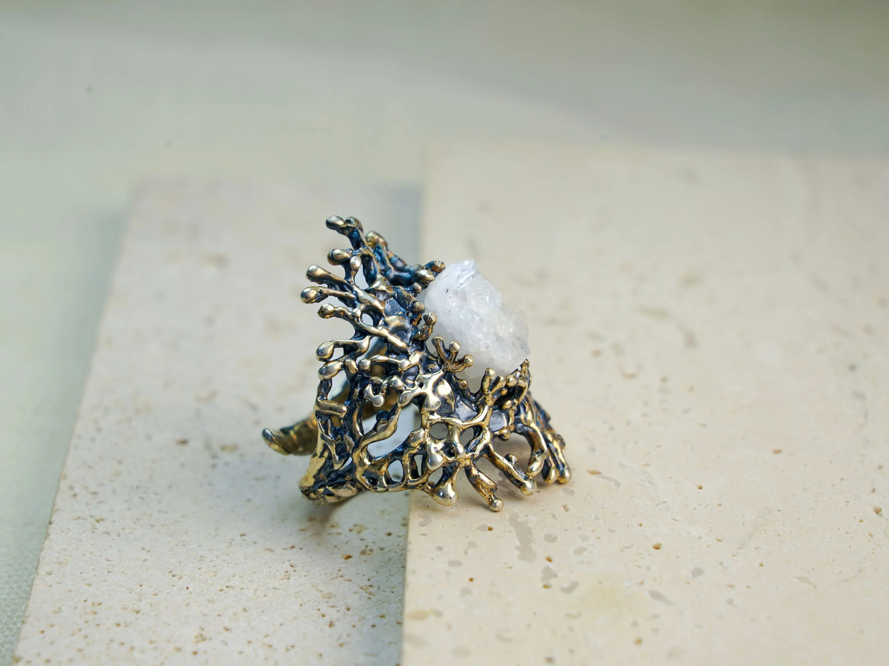 Moonstone ring detail view organic texture sterling silver handcrafted design