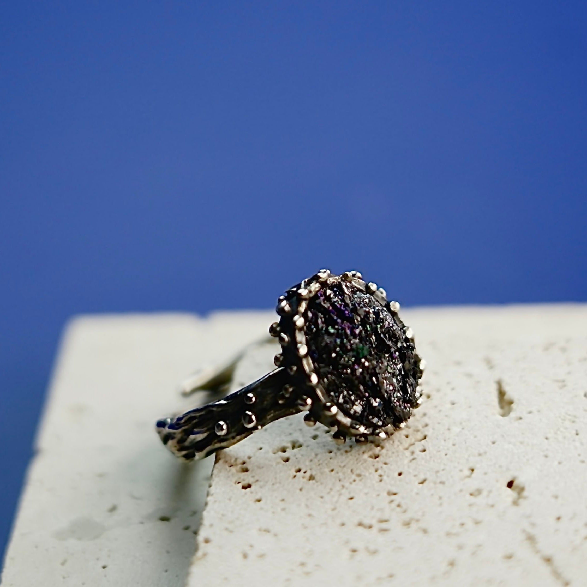 Angle view black tourmaline adjustable ring raw crystal silver design gothic statement jewelry
