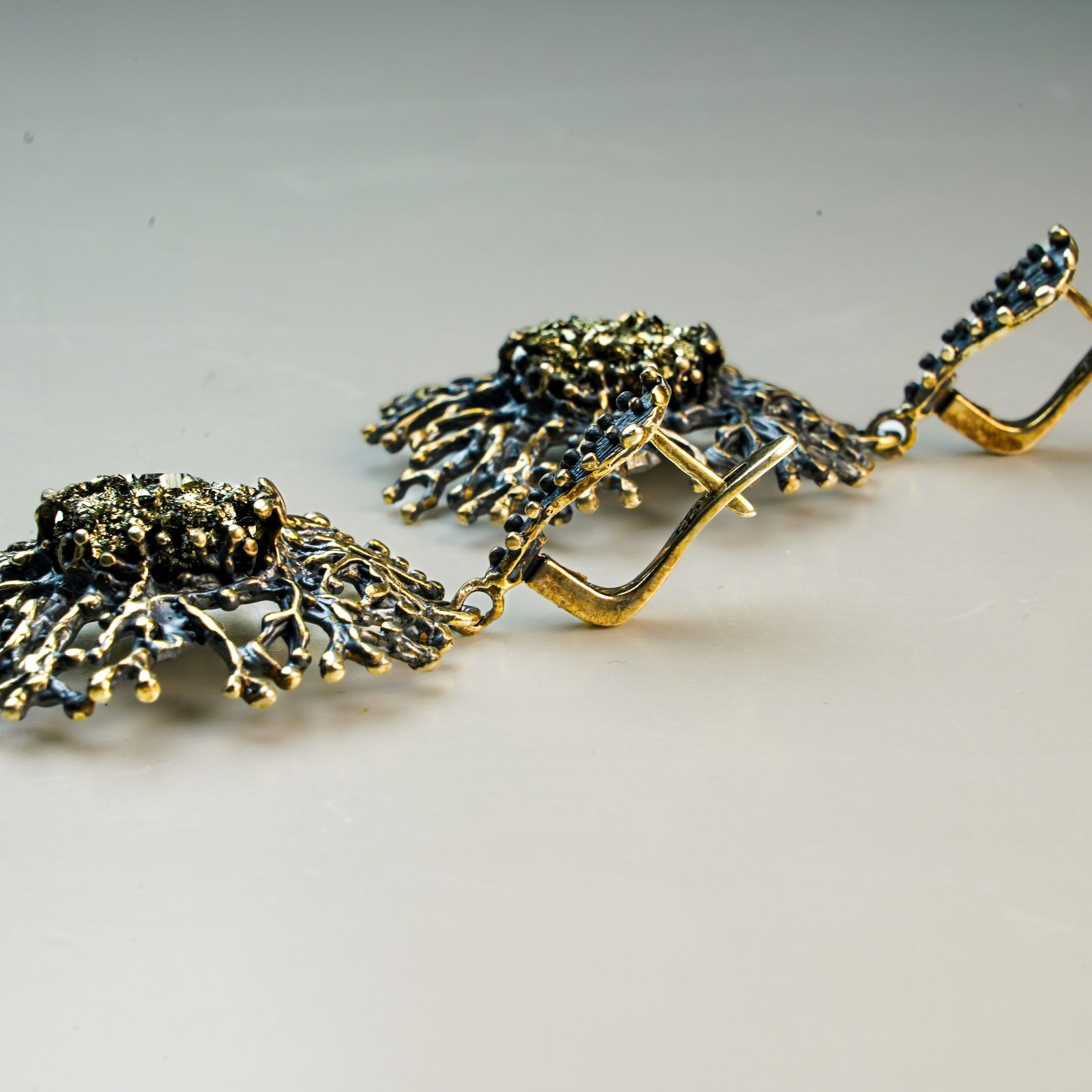 pyrite earrings side view sterling silver handmade statement earrings