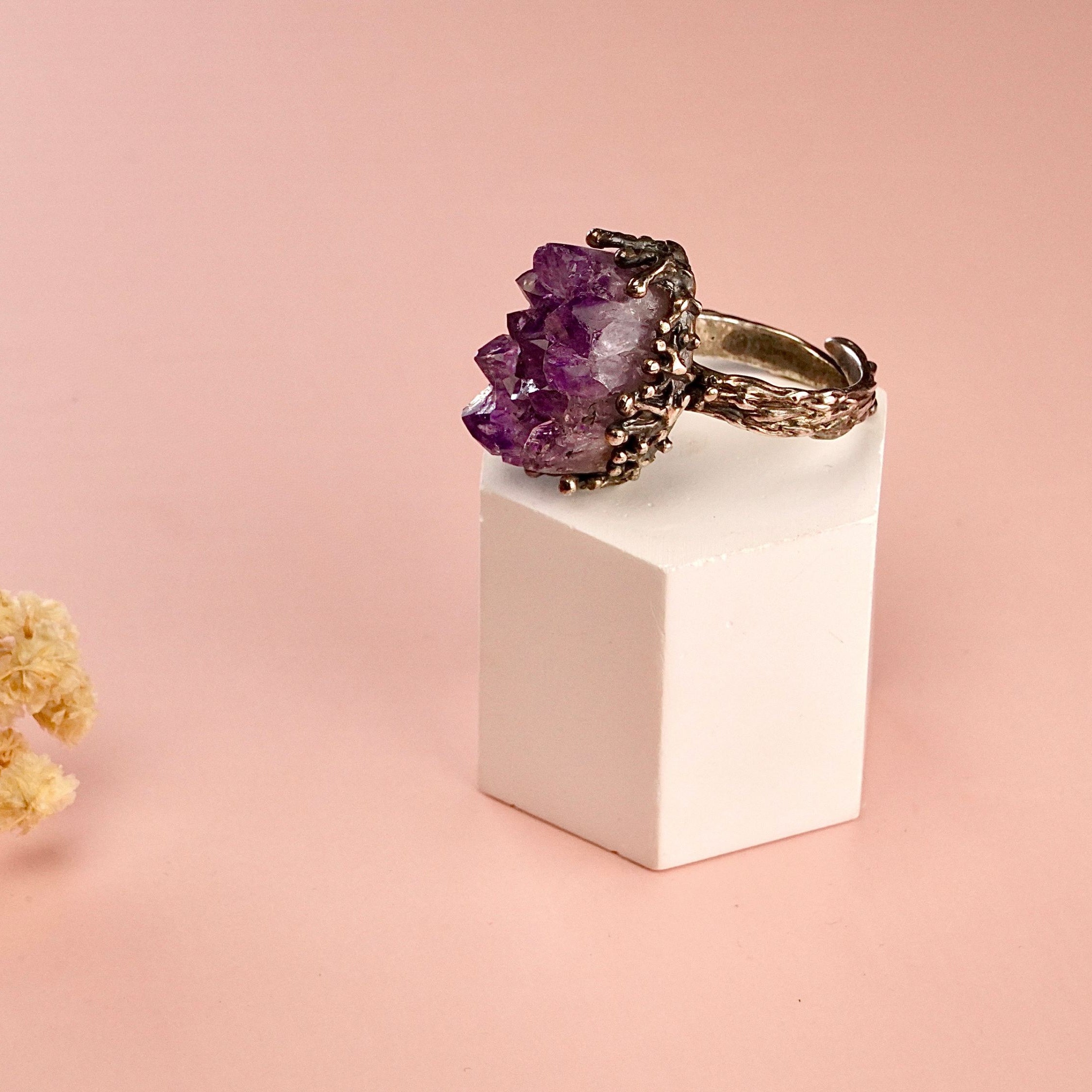 Angle view amethyst adjustable ring raw gemstone silver design artistic statement jewelry