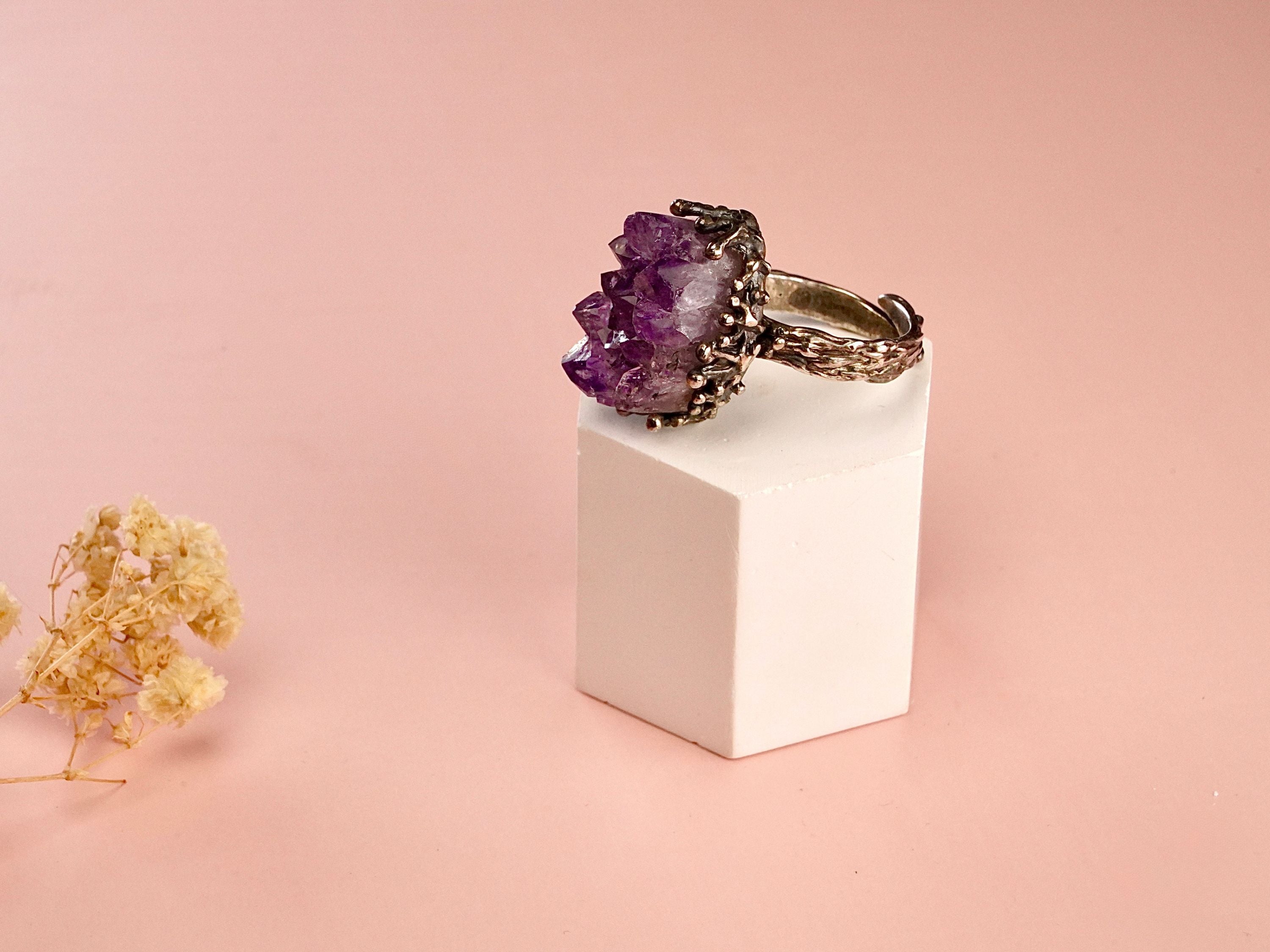Angle view amethyst adjustable ring raw gemstone silver design artistic statement jewelry