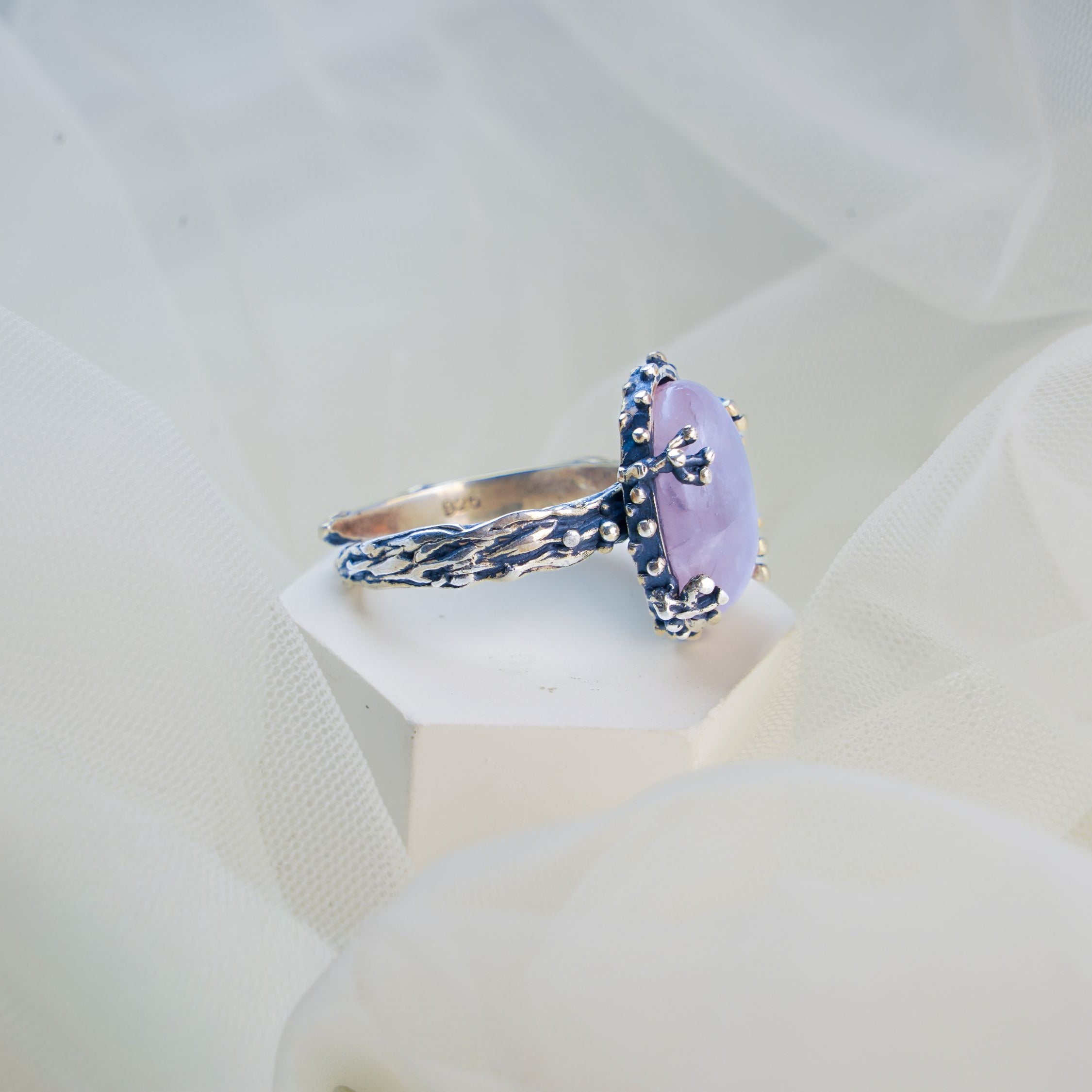 rose quartz ring side view sterling silver band detail gemstone ring