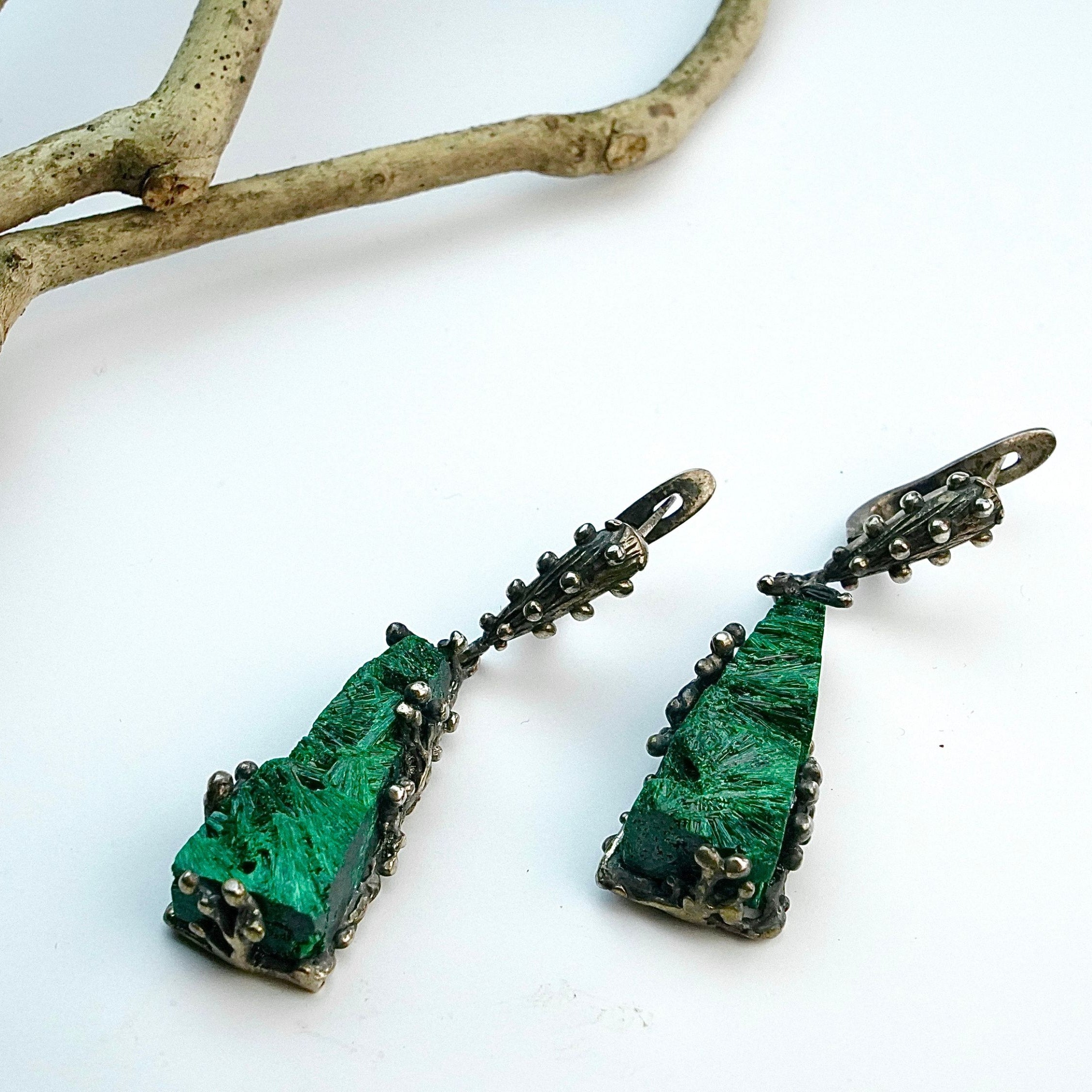 angled view malachite dangle earrings elongated green gemstone jewelry
