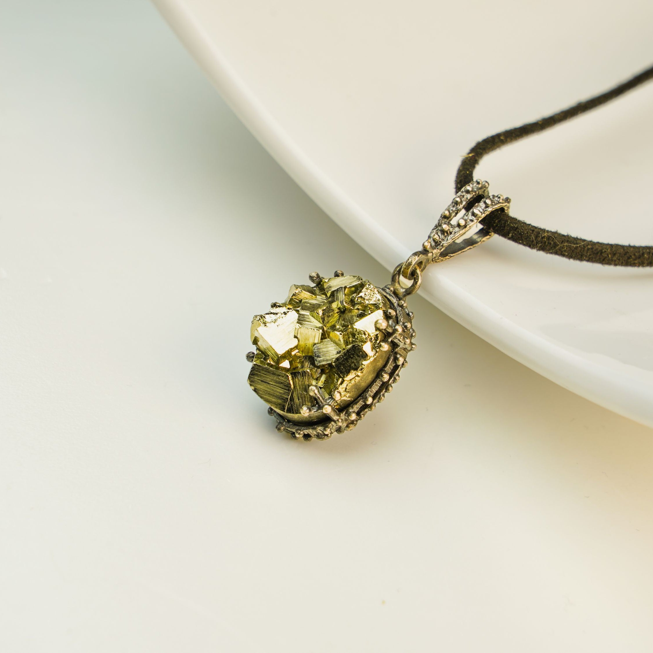 raw pyrite pendant texture gold stone sterling silver necklace