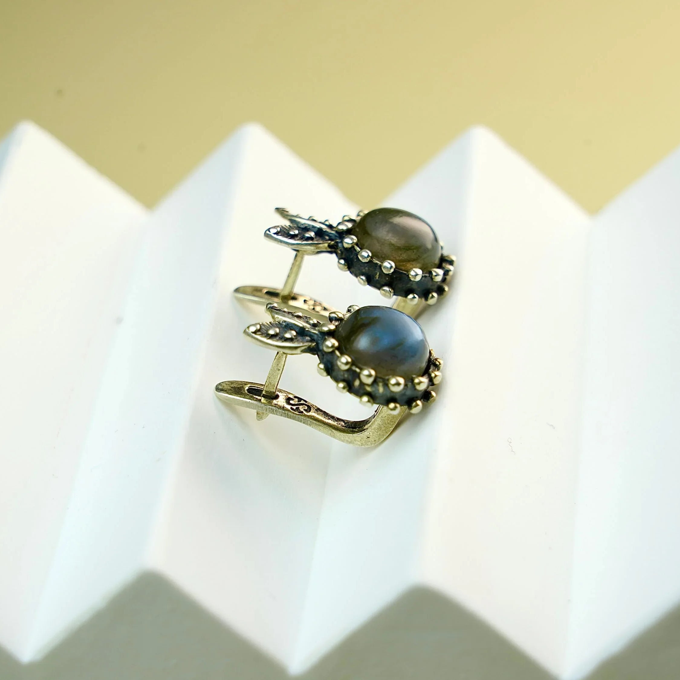 Labradorite earrings side angle detail blue flash stone handmade silver jewelry