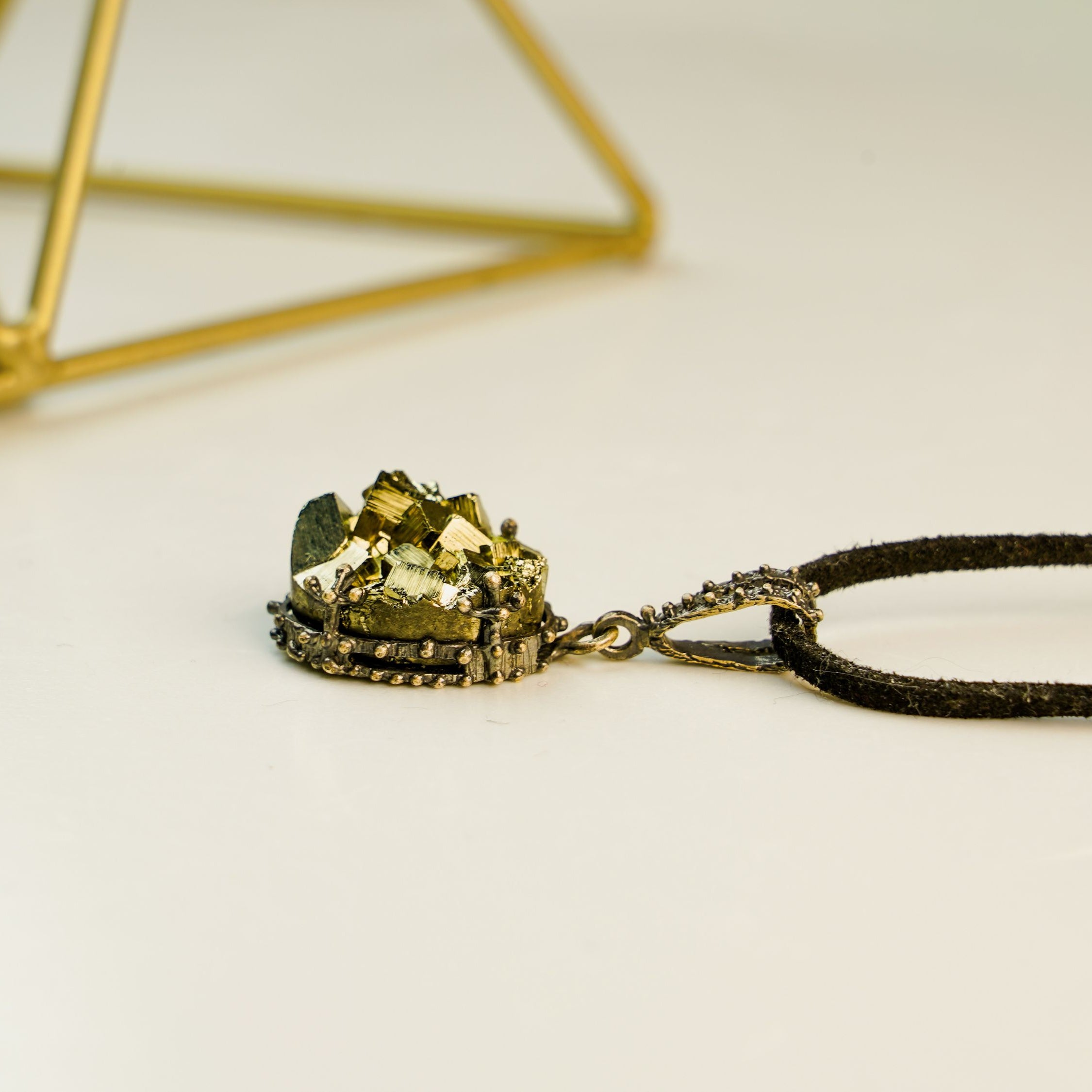 pyrite necklace side view sterling silver pendant handmade jewelry