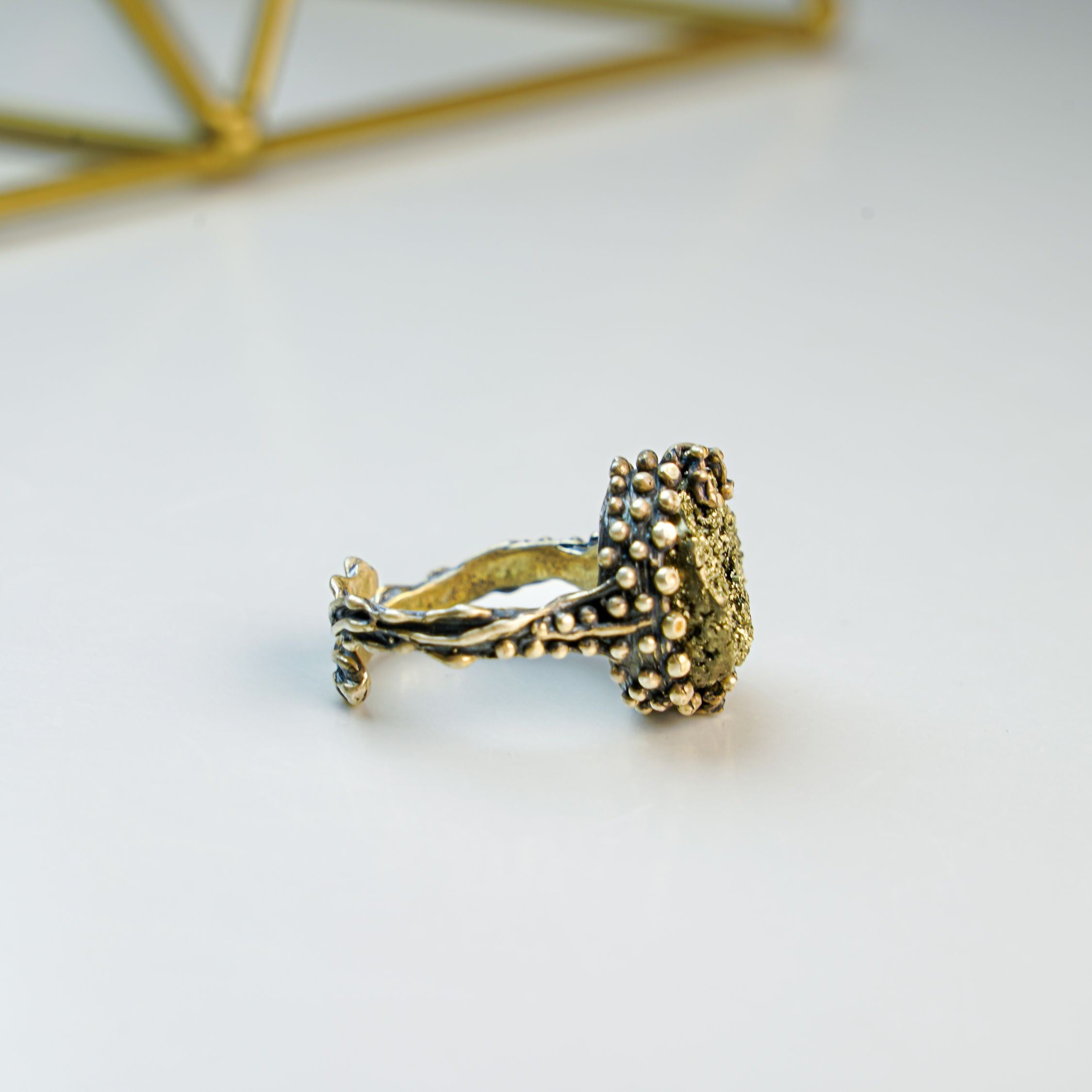 Pyrite ring profile view handcrafted sterling silver raw stone ring design