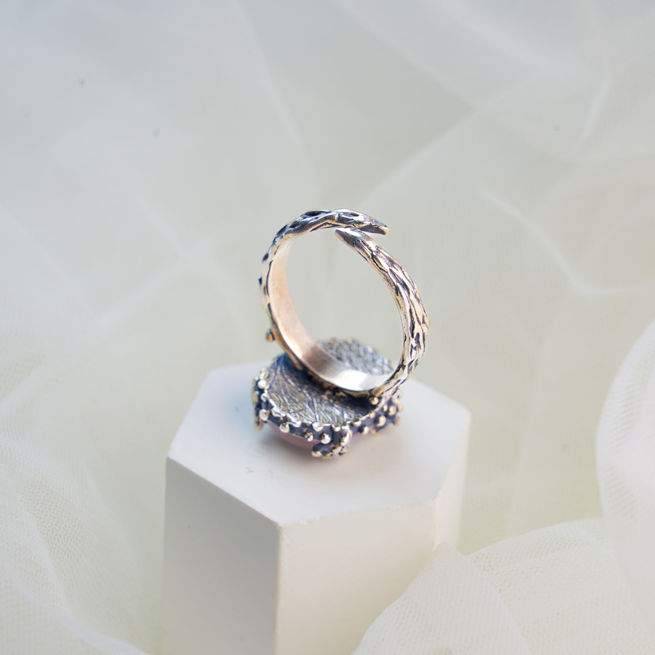 rose quartz ring adjustable band backside sterling silver ring