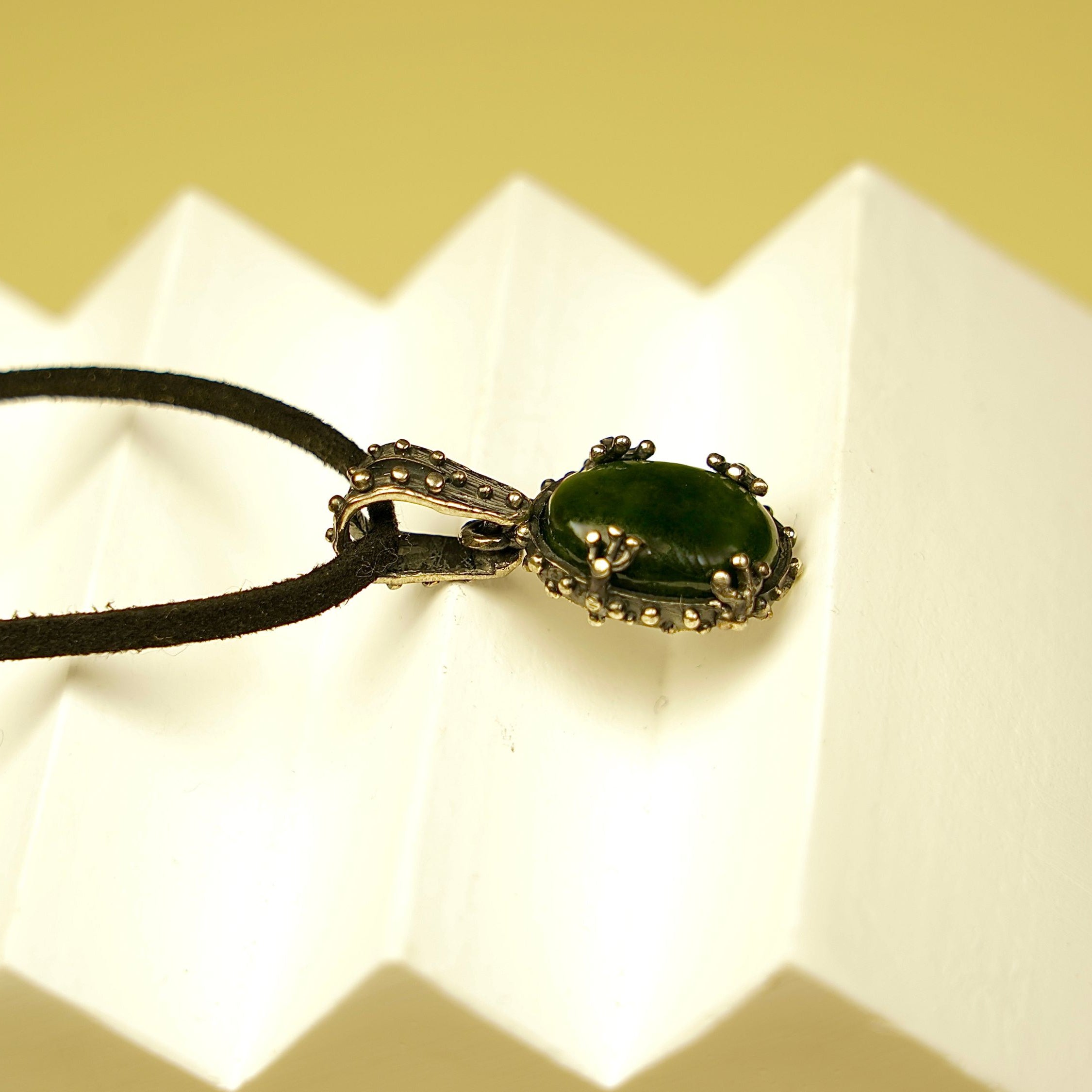 jade necklace side view thickness silver pendant detail