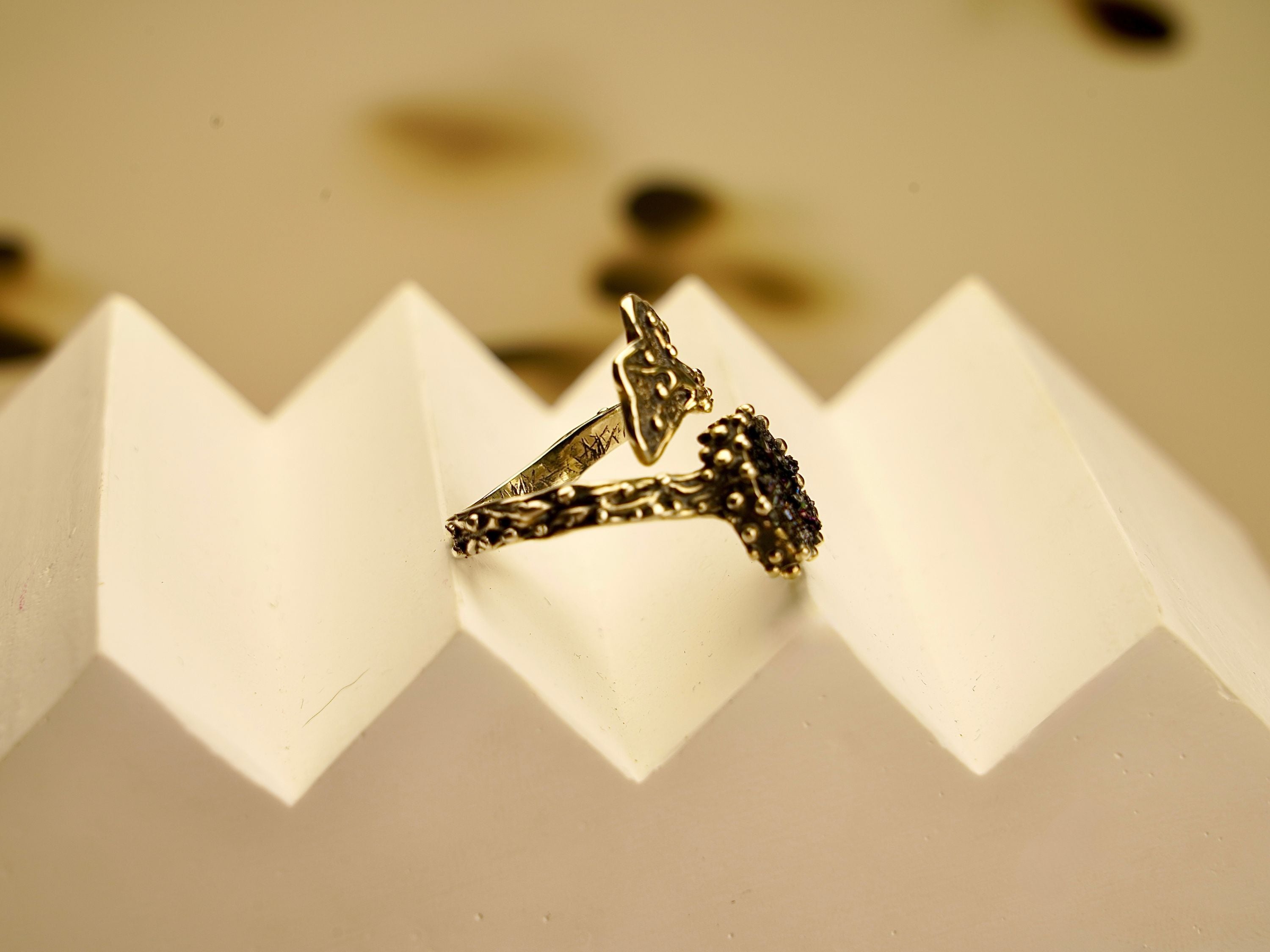 Side profile black tourmaline ring band structure adjustable sterling silver detail