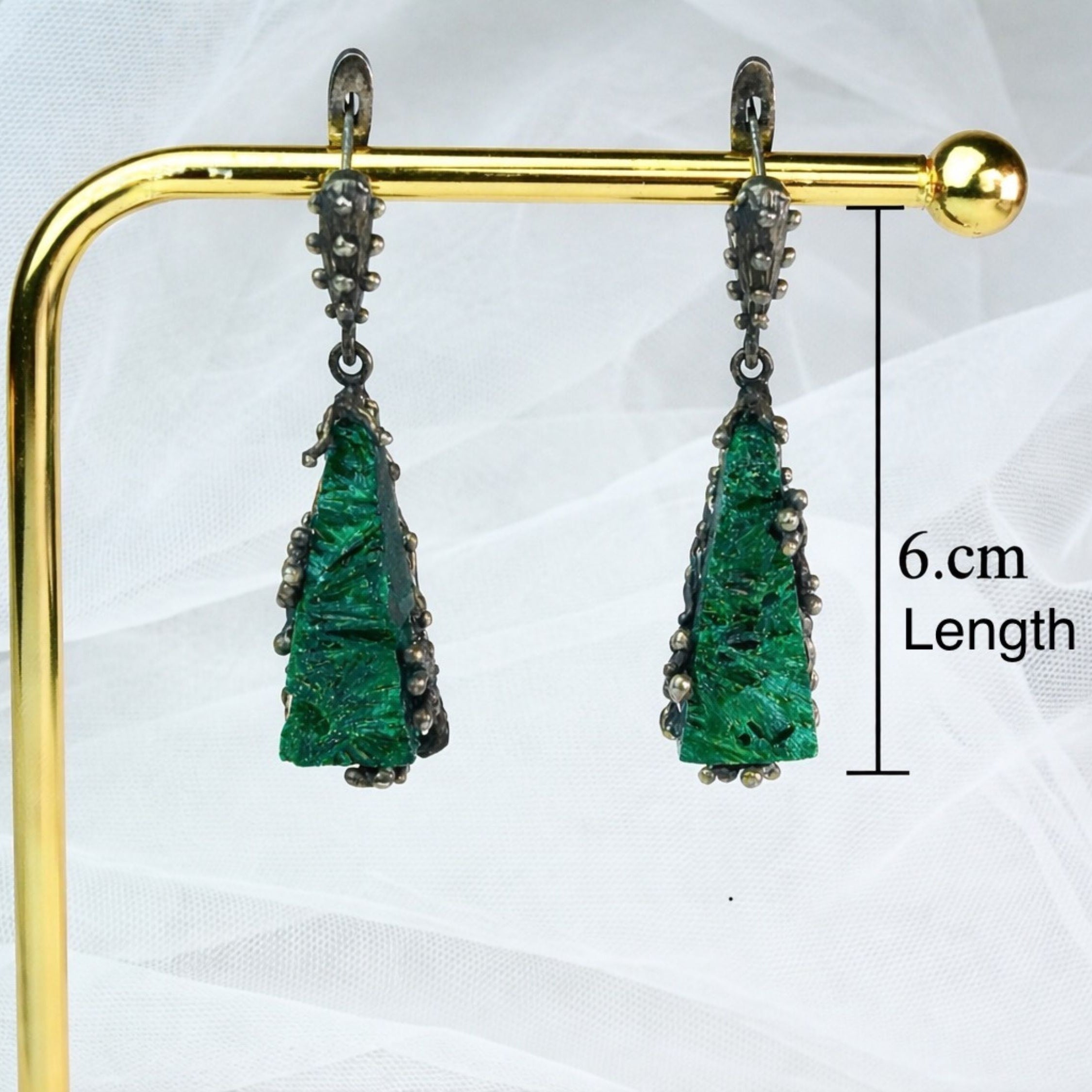 side profile long malachite earrings full length drop earrings view