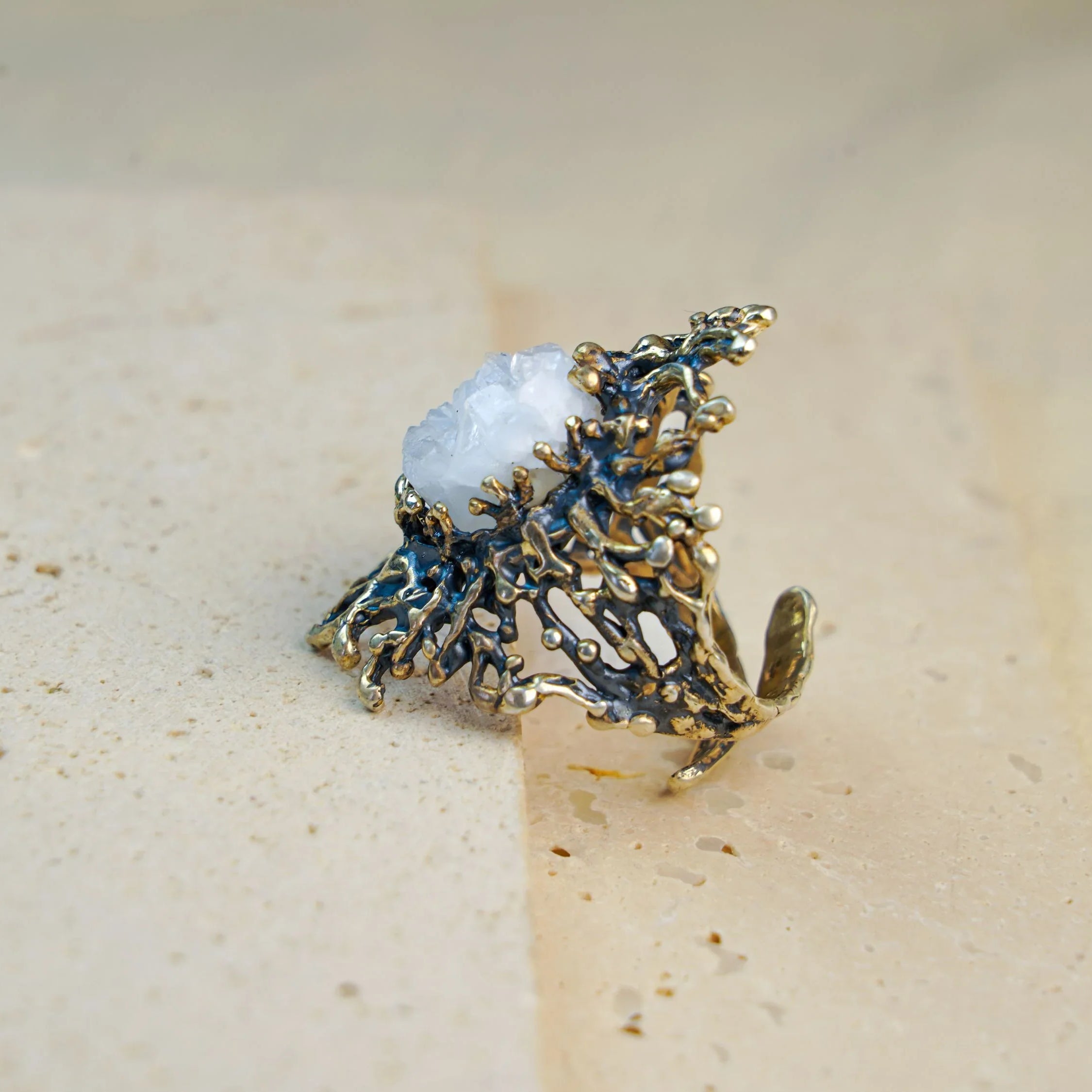 Moonstone ring side view sculptural band sterling silver unique design