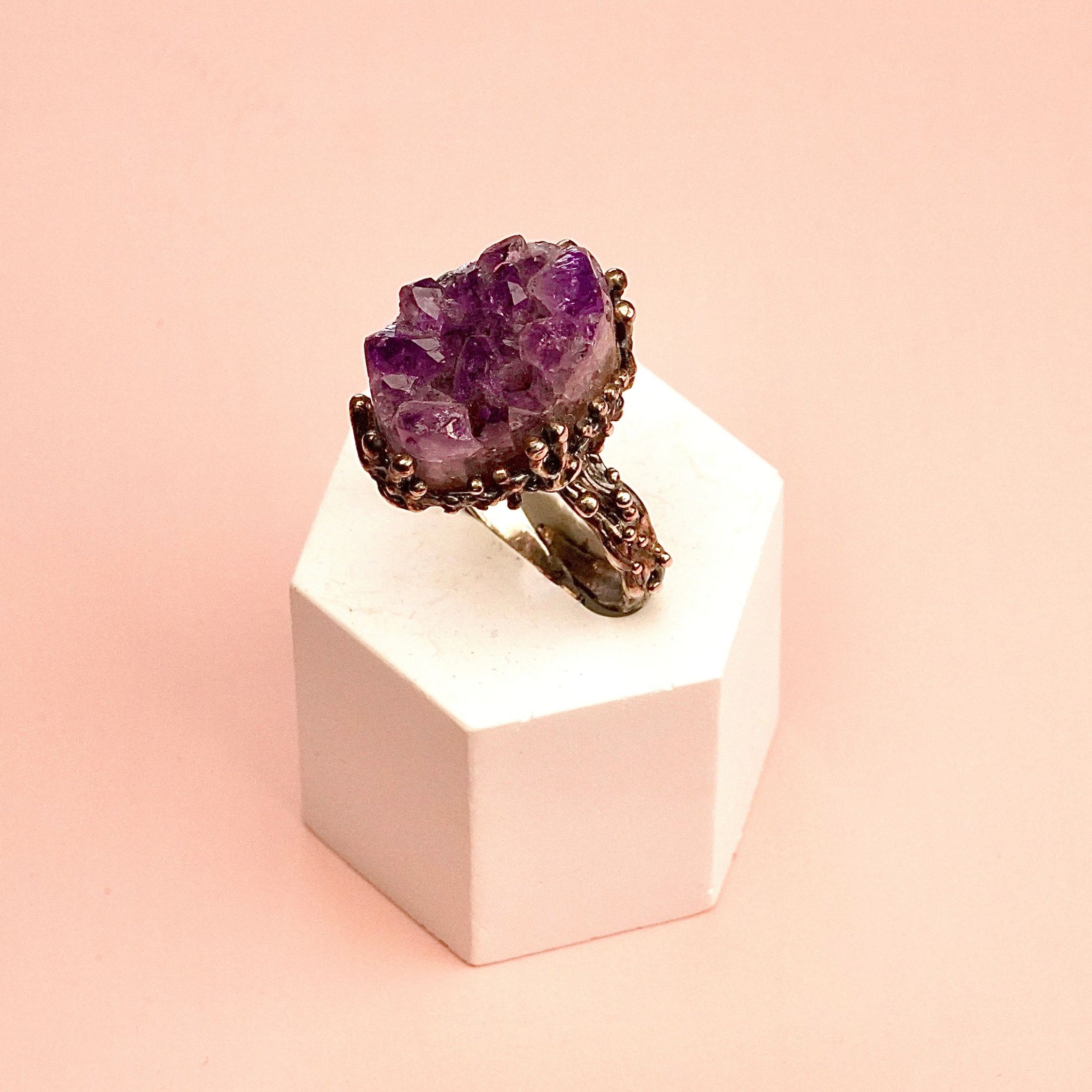 Side profile amethyst ring adjustable band structure sterling silver detail