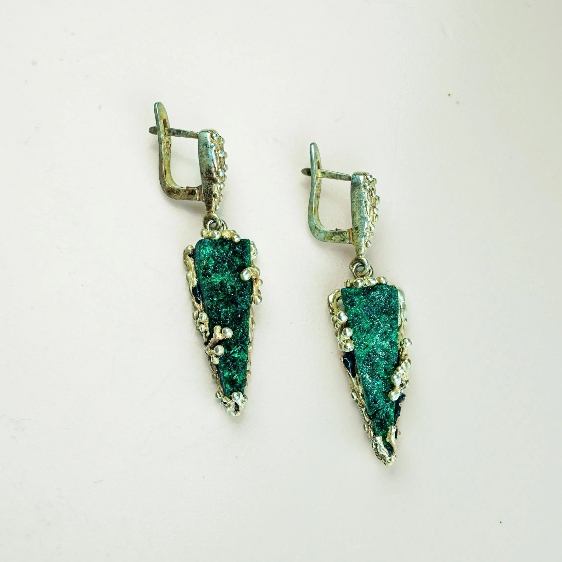 Malachite earrings front view leverback green stone silver earrings