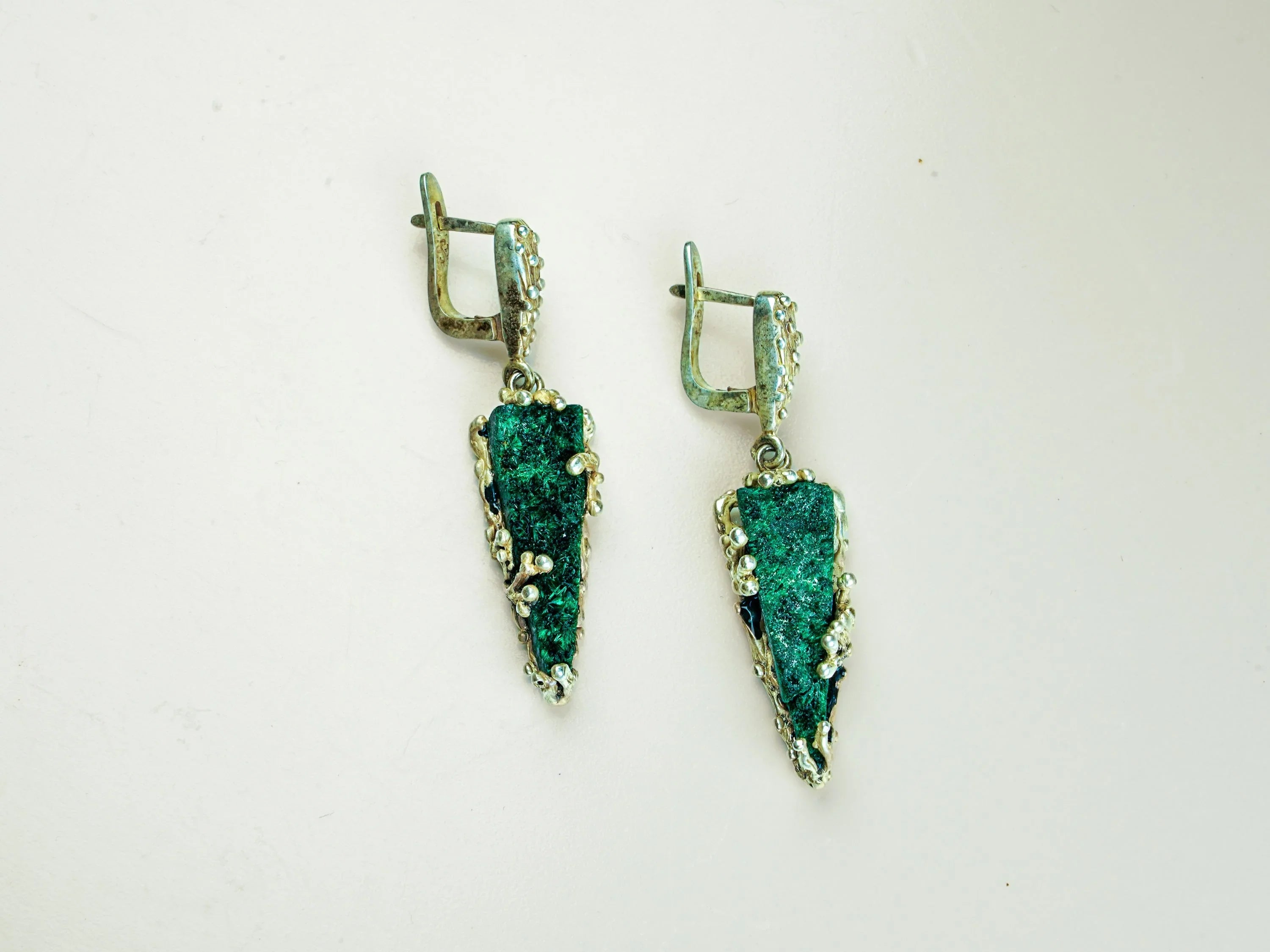 Malachite earrings front view leverback green stone silver earrings