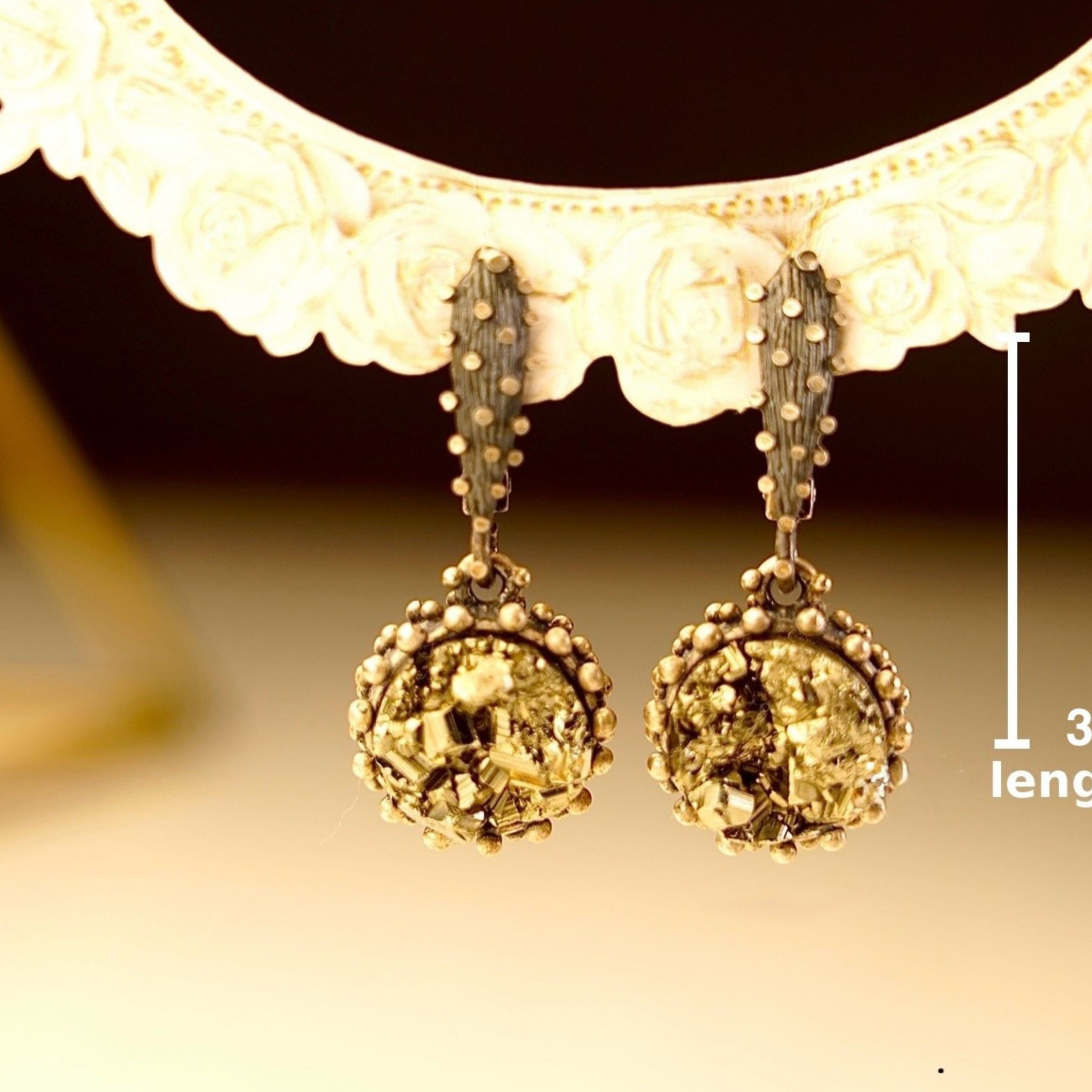 Side profile pyrite earrings length and structure silver jewelry detail