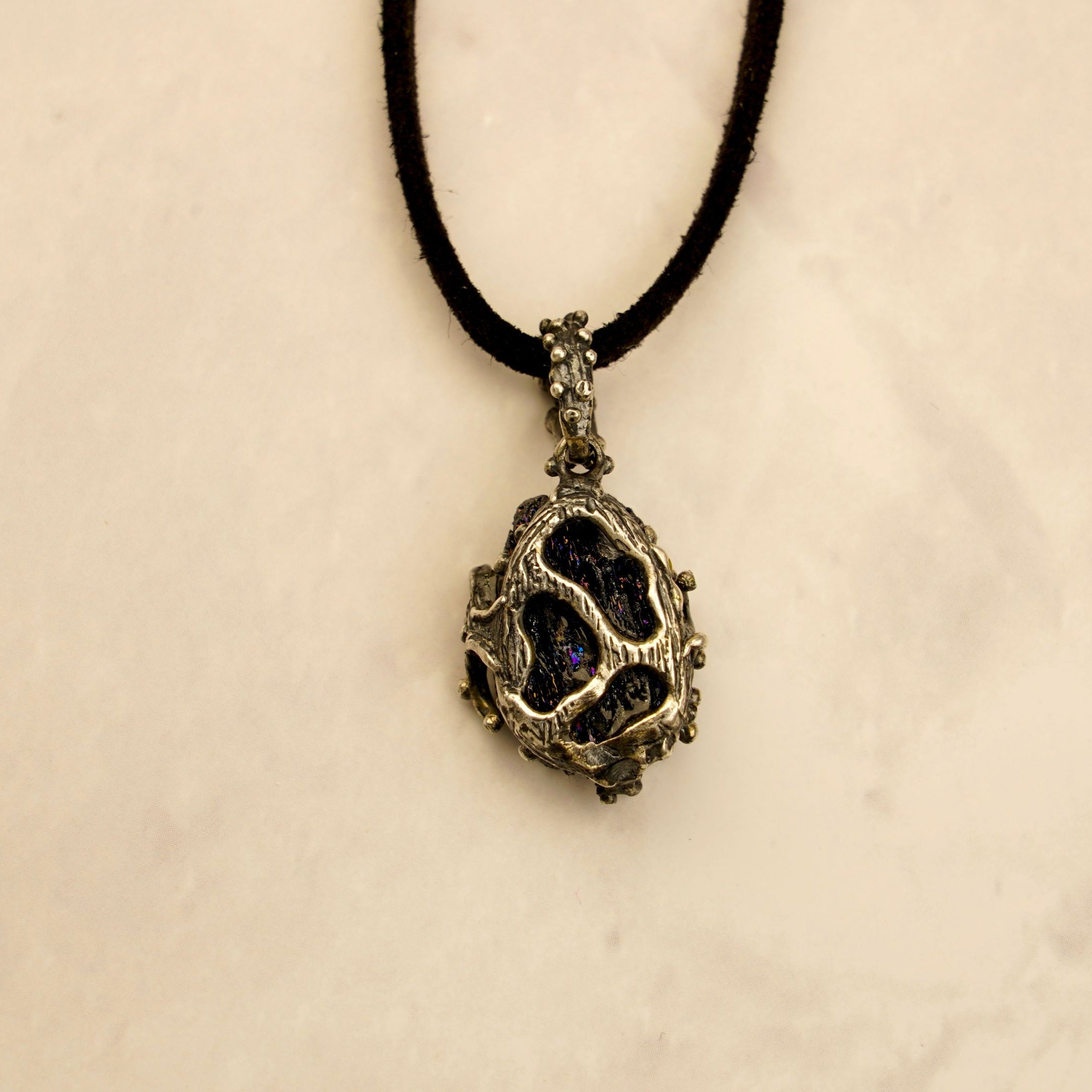 black tourmaline necklace back view silver setting detail gothic jewelry