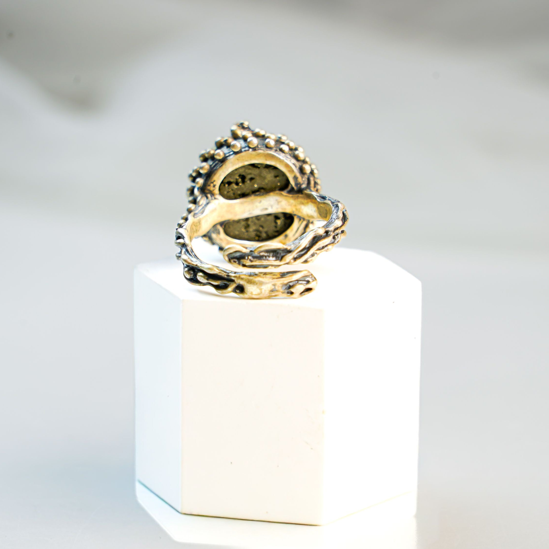 Pyrite ring inner band detail sterling silver handcrafted jewelry structure