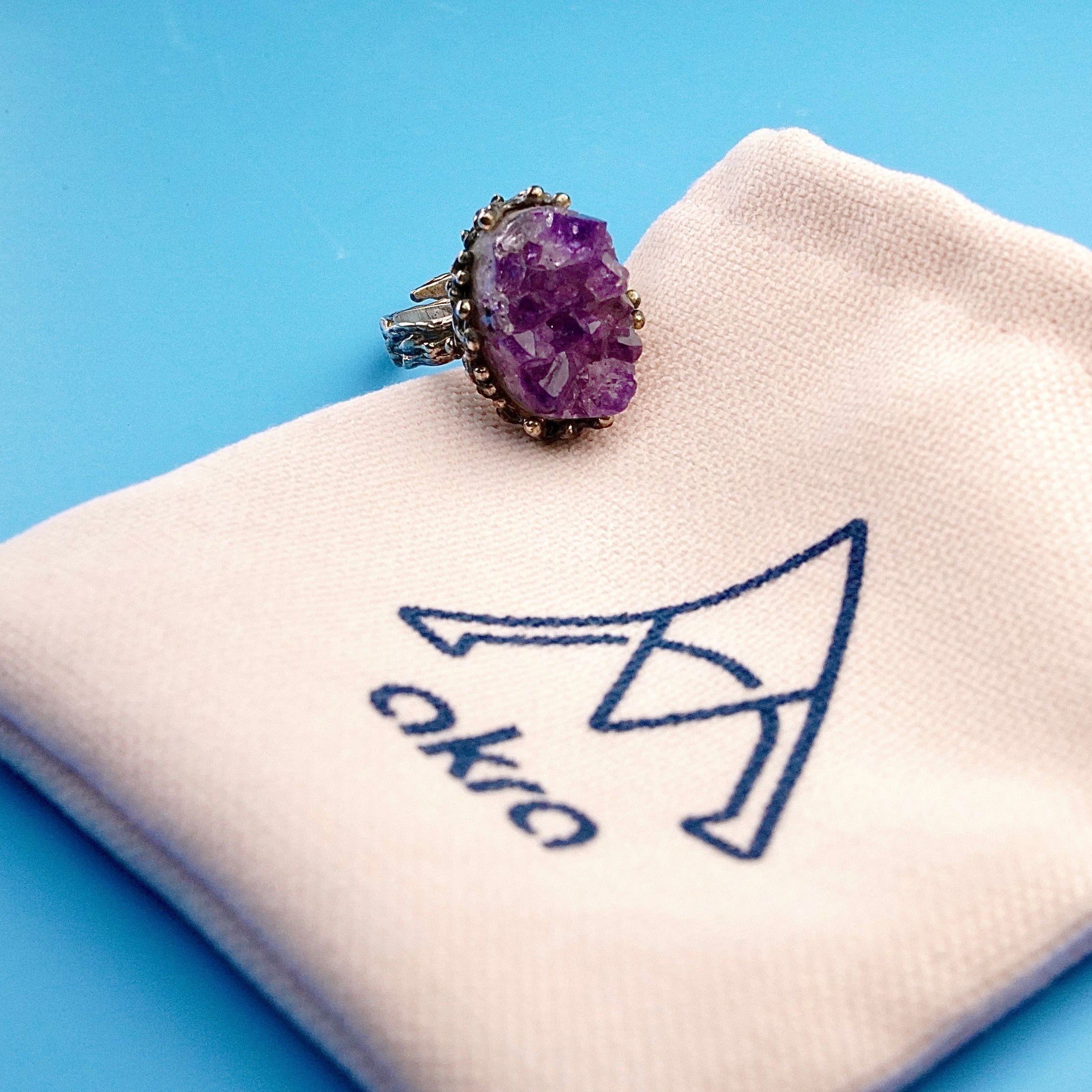 Amethyst adjustable ring craftsmanship silver setting detailed view