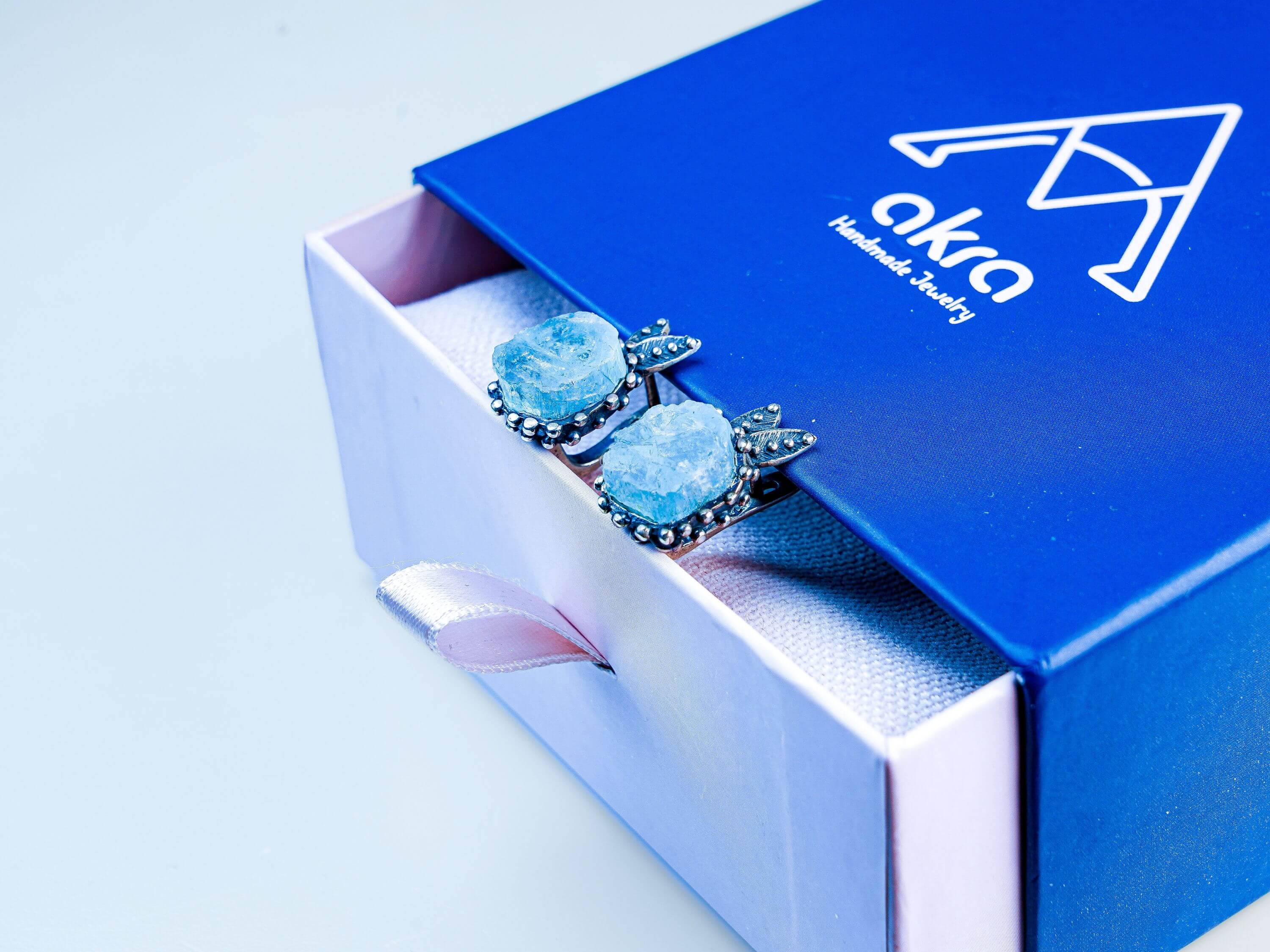 Luxury Akra Gems blue and pink gift box with sky blue aquamarine earrings inside